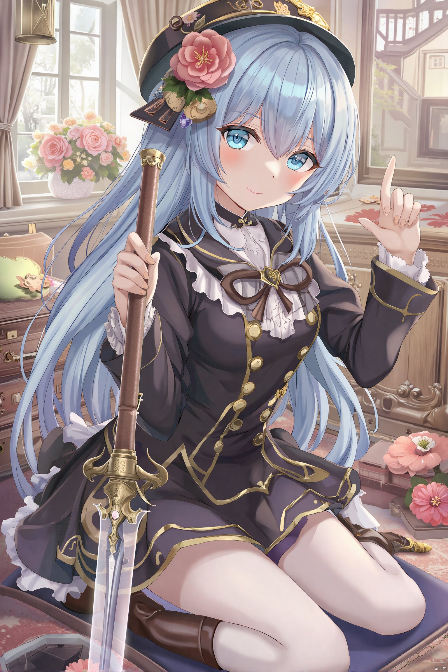 1girl, solo, smile, bangs, blue eyes, skirt, hair ornament, long sleeves, hat, dress, holding, sitting, blue hair, weapon, flower, pantyhose, boots, sword, indoors, hair flower, blunt bangs, window, brown footwear, pink flower, white pantyhose, suitcase