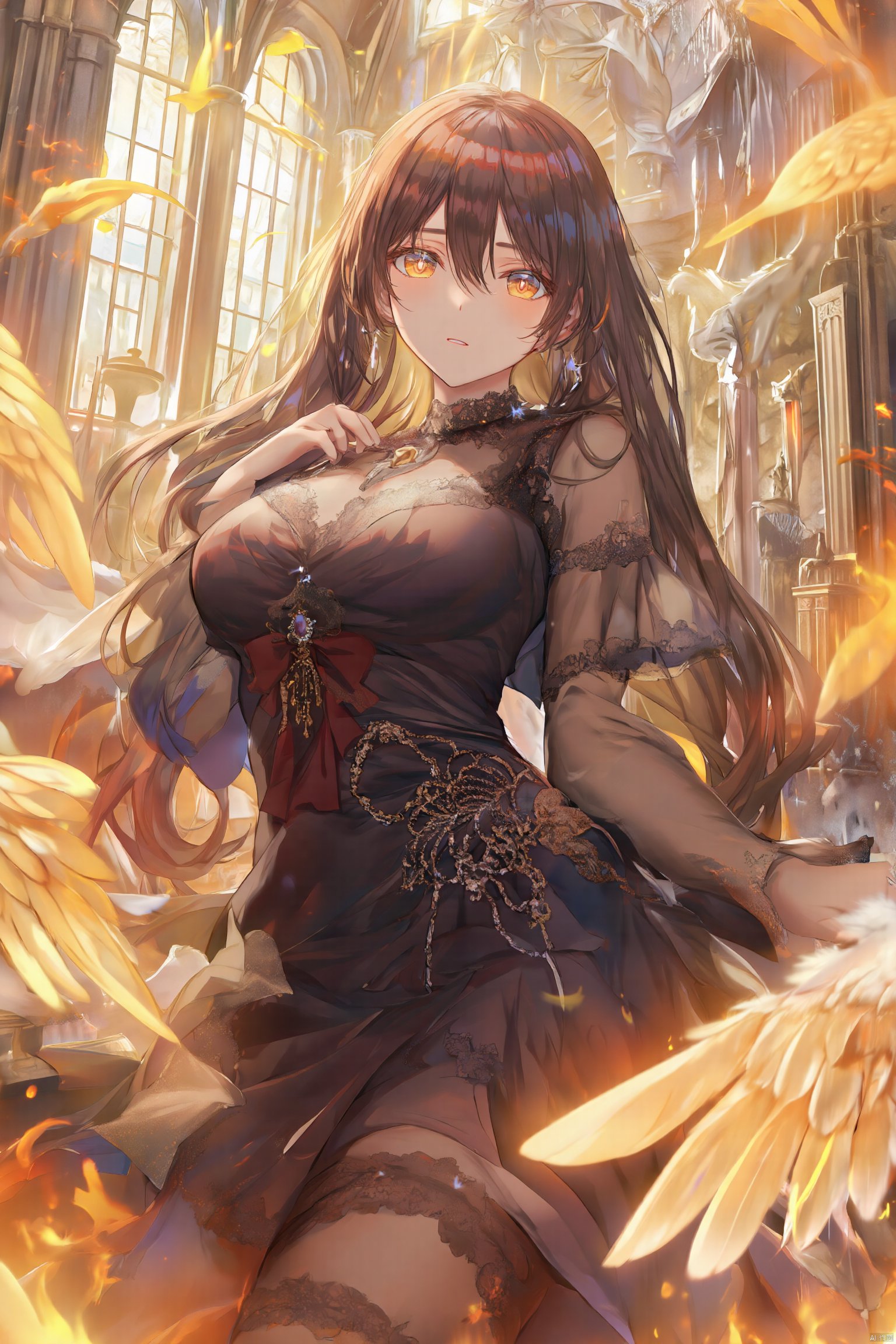 1girl, solo, long hair, breasts, looking at viewer, brown hair, dress, standing, wings, indoors, window, sunlight, fire, feathered wings, backlighting, angel wings, light rays, angel, church