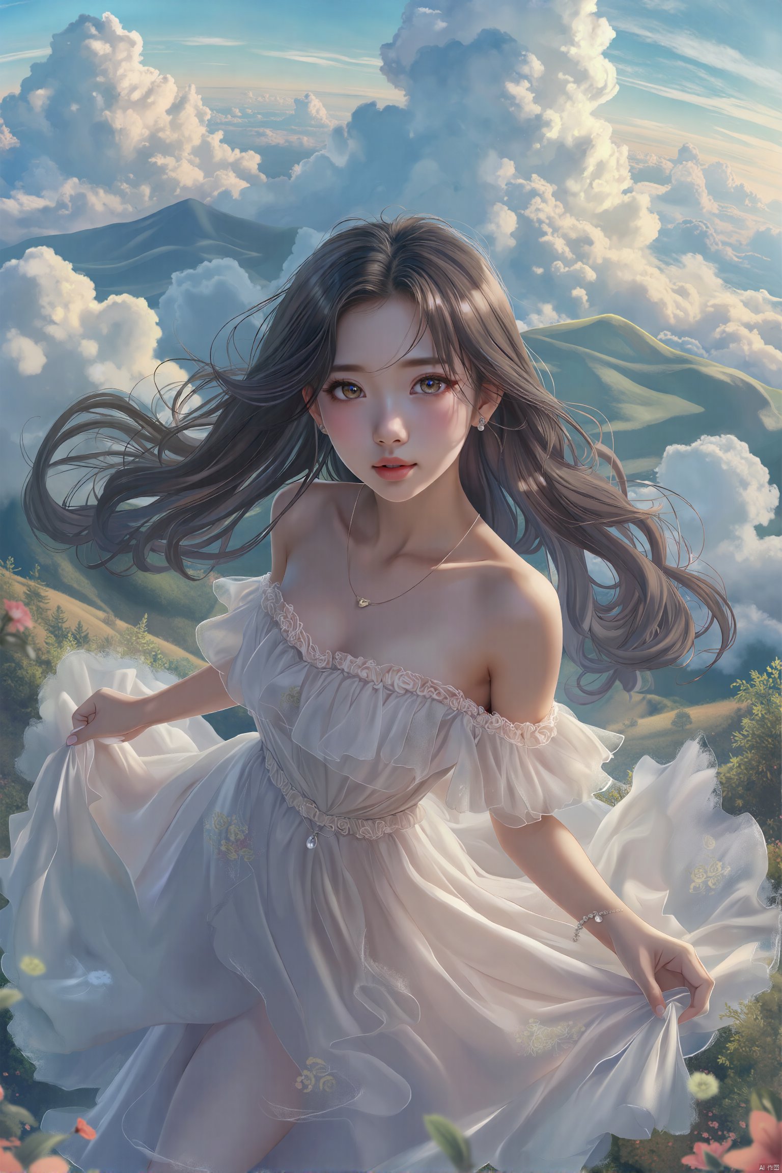 A masterpiece of digital painting, showcasing a breathtakingly beautiful young woman in a stunning flowy dress, set against the backdrop of a serene landscape with rolling hills and dramatic clouds. Shot from an extremely high angle, the fisheye lens captures every intricate detail of her features, including her adorable face, deep-set eyes, and flowing hair. The lighting is cinematic, with high contrast between the soft, ethereal clouds and the sharp focus on the subject's skin tones. The overall effect is photorealistic, with an astonishing level of detail and a sense of depth that draws the viewer in.