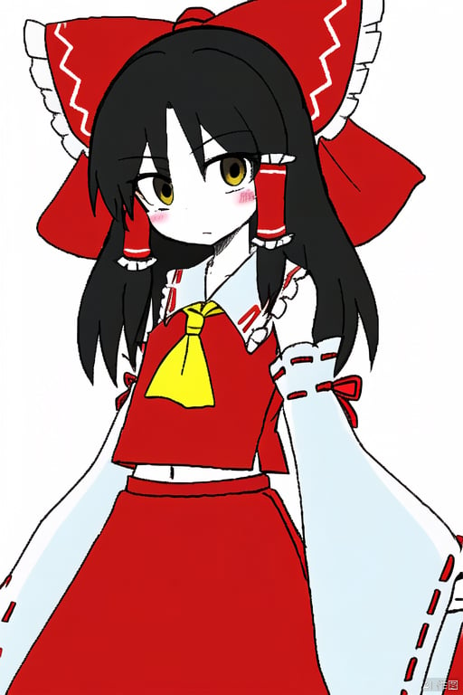 simple background,white skin,hakurei reimu,1girl,hair bow,red bow,detached sleeves,solo,hair tubes,simple background,looking at viewer,frilled bow,red skirt,sidelocks,wide sleeves,bare shoulders,blush,yellow ascot,ribbon-trimmed sleeves,hakurei_reimu,hair_bow,red_bow