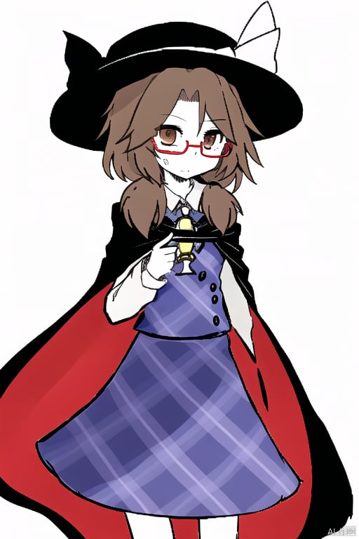 white skin,usami sumireko, 1girl,hat,hat bow, brown hair,low twintails,glasses,brown eyes,cape,boo tie,plaid vest,shirt,plaid skirt,long sleeves, clothes writing,bolo tie