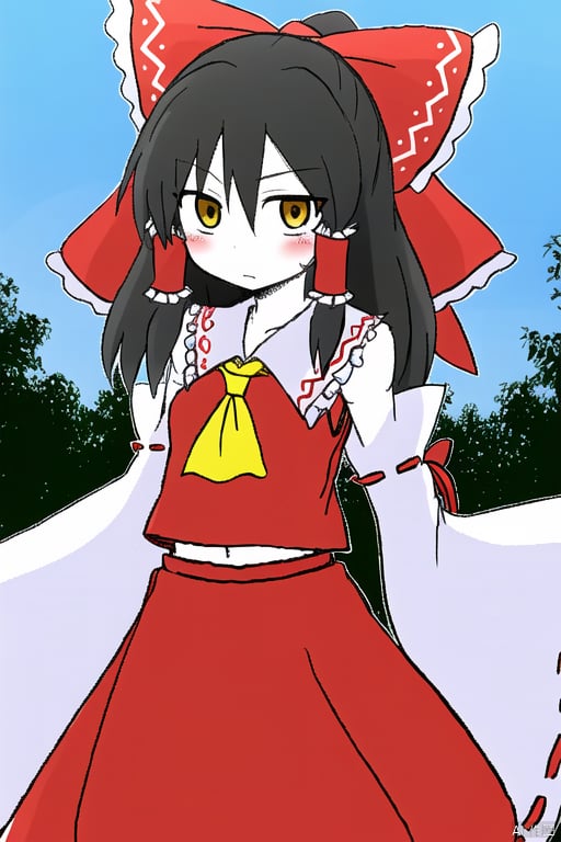 white skin,hakurei reimu,1girl,hair bow,red bow,detached sleeves,solo,hair tubes,looking at viewer,frilled bow,red skirt,sidelocks,wide sleeves,bare shoulders,blush,yellow ascot,ribbon-trimmed sleeves,hakurei_reimu,hair_bow,red_bow,black eyes,sakura,hakurei shrine