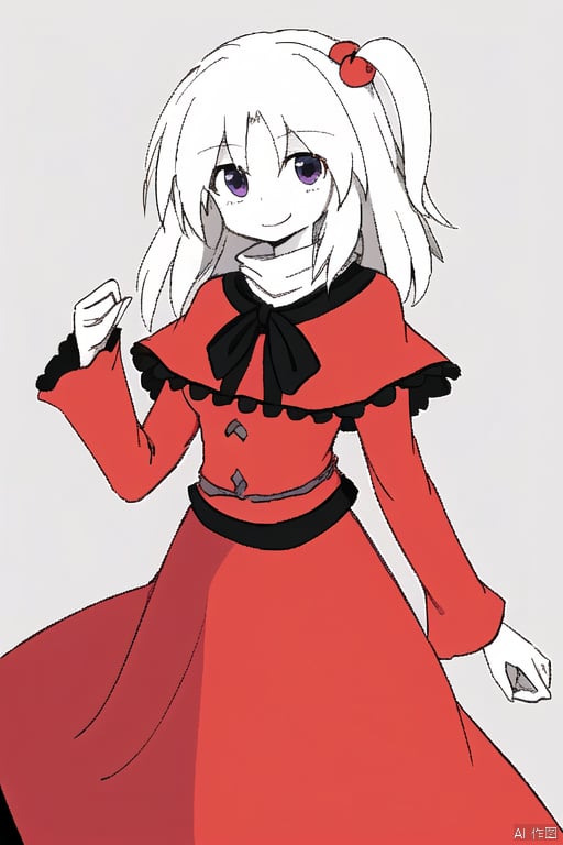 simple background,white skin,shinki,1girl,solo,one side up,hair bobbles
 次要触发词:red dress,smile,red capelet,long sleeves,looking at viewer,shinki (touhou)