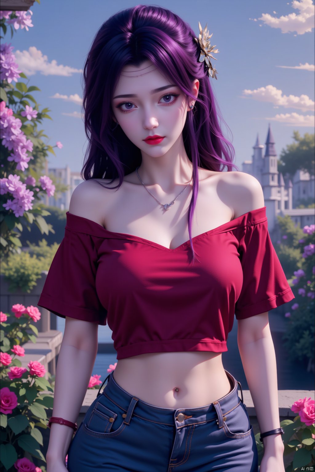  8K image.,云韵Flux-起风了,purple hair,1girl, solo, long hair, breasts, looking at viewer, shirt, black hair, navel, holding, bare shoulders, jewelry, closed mouth, standing, purple eyes, collarbone, purple hair, flower, short sleeves, cowboy shot, earrings, midriff, pants, off shoulder, bracelet, lips, crop top, head tilt, leaf, plant, denim, red shirt, pink flower, jeans, off-shoulder shirt, red lips,fantasy