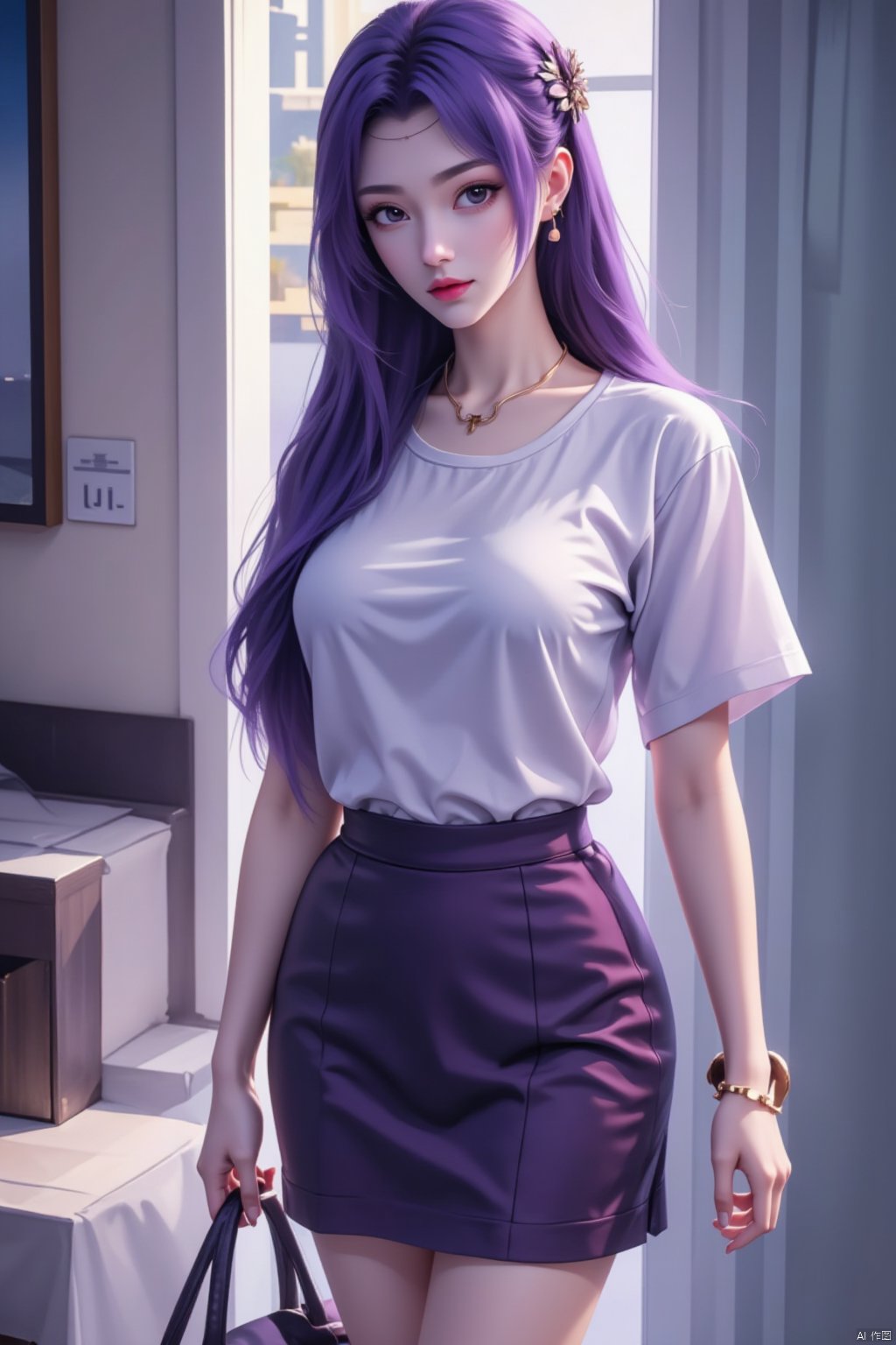  8K image.purple hair,1girl, solo, long hair, breasts, looking at viewer, skirt, shirt, hair ornament, jewelry, standing, purple hair, short sleeves, earrings, indoors, necklace, bag, bracelet, purple skirt