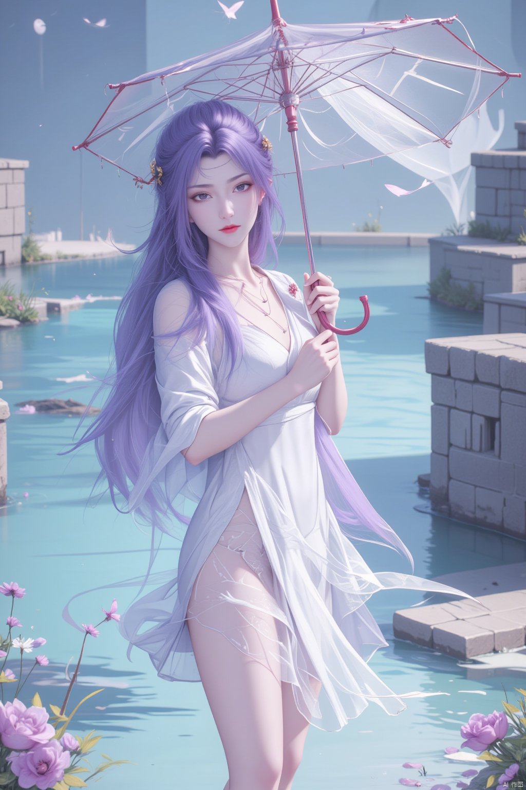  8K image.,云韵Flux-起风了,purple hair1girl, solo, long hair, hair ornament, dress, holding, full body, purple hair, flower, water, white dress, clothing cutout, umbrella,, bug, butterfly, holding umbrella