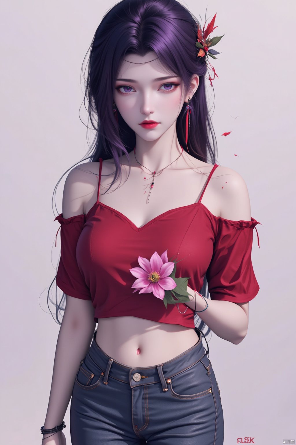  8K image.,云韵Flux-起风了,purple hair,1girl, solo, long hair, breasts, looking at viewer, shirt, black hair, navel, holding, bare shoulders, jewelry, closed mouth, standing, purple eyes, collarbone, purple hair, flower, short sleeves, cowboy shot, earrings, midriff, pants, off shoulder, bracelet, lips, crop top, head tilt, leaf, plant, denim, red shirt, pink flower, jeans, off-shoulder shirt, red lips