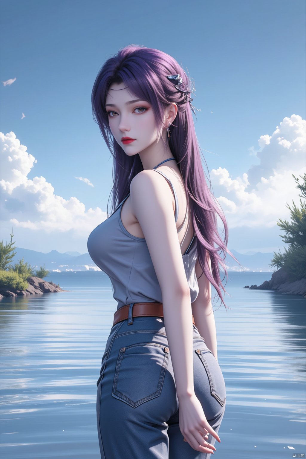  8K image.云曦Flux-起风了,purple hair,1girl, solo, long hair, breasts, looking at viewer, bangs, large breasts, brown hair, shirt, bare shoulders, brown eyes, jewelry, standing, ass, earrings, outdoors, parted lips, sky, day, belt, looking back, pants, cloud, water, from behind, bra, tree, blue sky, lips, wet, back, plant, denim, wet clothes, wading, jeans, blue pants, red lips, brown belt