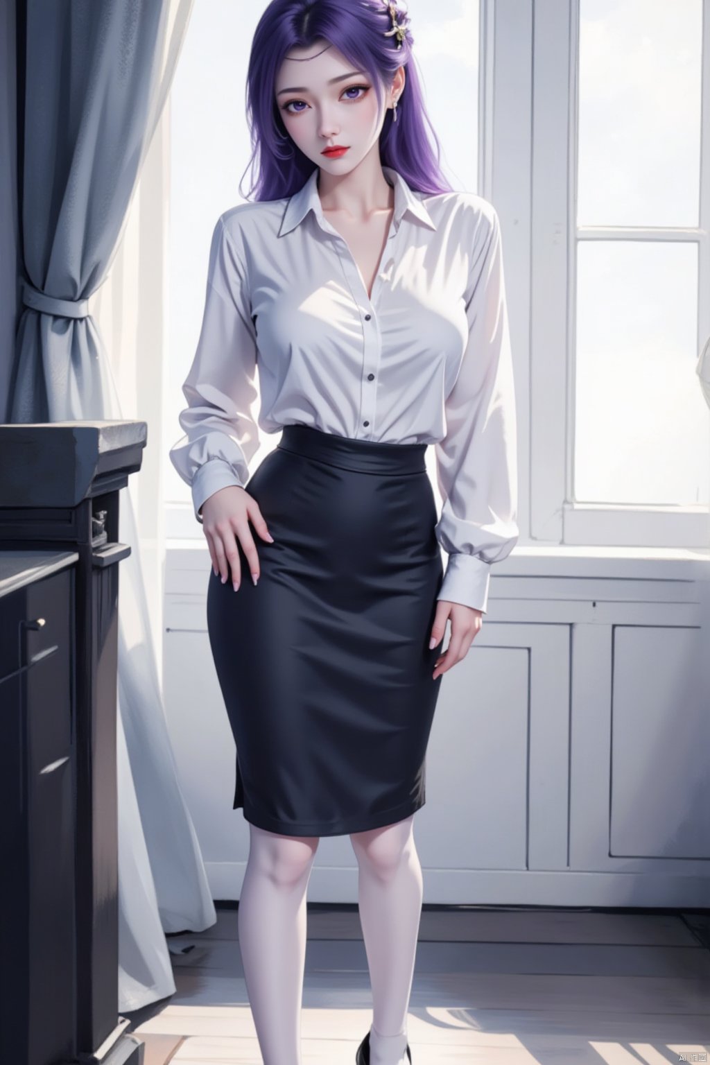  8K image.purple hair,1girl, solo, long hair, breasts, looking at viewer, skirt, shirt, hair ornament, long sleeves, jewelry, standing, purple eyes, white shirt, purple hair, pantyhose, earrings, parted lips, indoors, black skirt, black footwear, high heels, lips, window, pencil skirt, white pantyhose, high-waist skirt