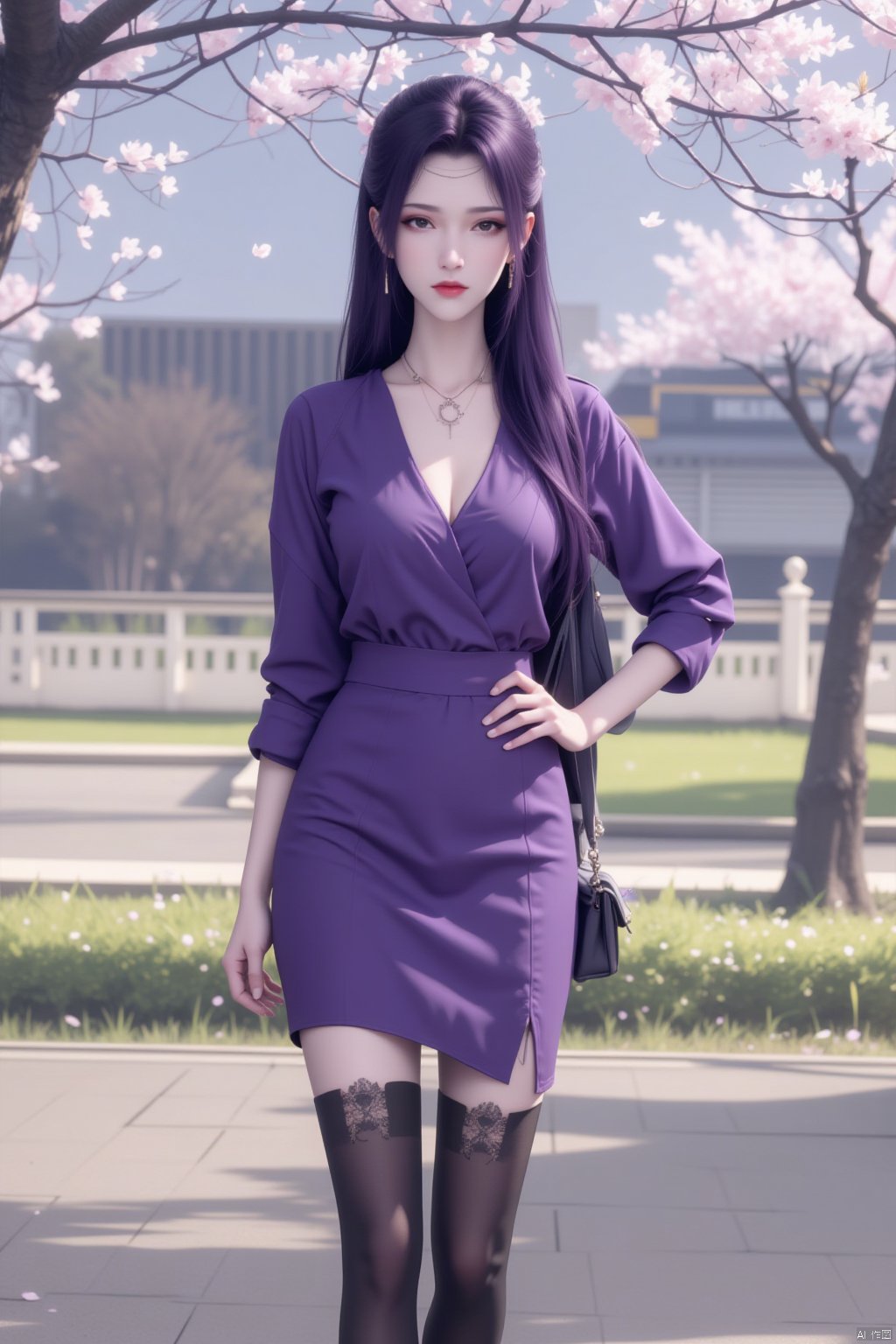  8K image.云曦Flux-起风了,purple hair,1girl, solo, long hair, breasts, looking at viewer, skirt, large breasts, shirt, black hair, thighhighs, cleavage, brown eyes, jewelry, very long hair, standing, jacket, full body, earrings, outdoors, day, black thighhighs, necklace, bag, black footwear, high heels, tree, hand on hip, petals, garter straps, grass, cherry blossoms, pencil skirt, purple skirt, high-waist skirt, handbag, office lady, purple jacket