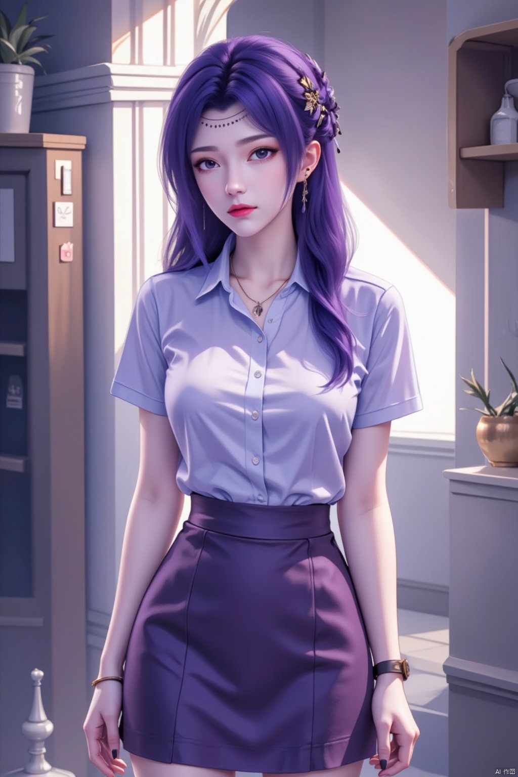  8K image.purple hair,1girl, solo, long hair, breasts, looking at viewer, skirt, shirt, hair ornament, jewelry, standing, purple hair, short sleeves, earrings, indoors, necklace, bag, bracelet, purple skirt