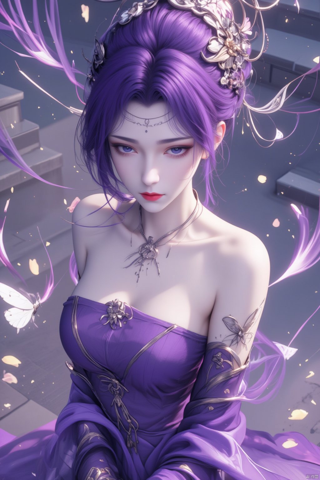  8K image.云曦Flux-起风了,purple hair,1girl, solo, hair ornament, dress, bare shoulders, jewelry, upper body, purple hair, earrings, elbow gloves, petals, facial mark, bug, butterfly, purple dress, stairs, forehead mark, falling petals