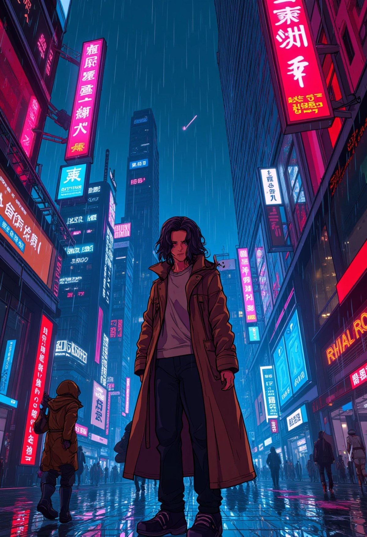 A colored digital art of a young man with long dark hair and a high-tech trench coat, standing on a rainy cyberpunk street illuminated by neon signs and floating holograms. Details like raindrops reflecting the glowing lights and a bustling background of neon-lit skyscrapers enhance the futuristic, gritty atmosphere, ligne_claire