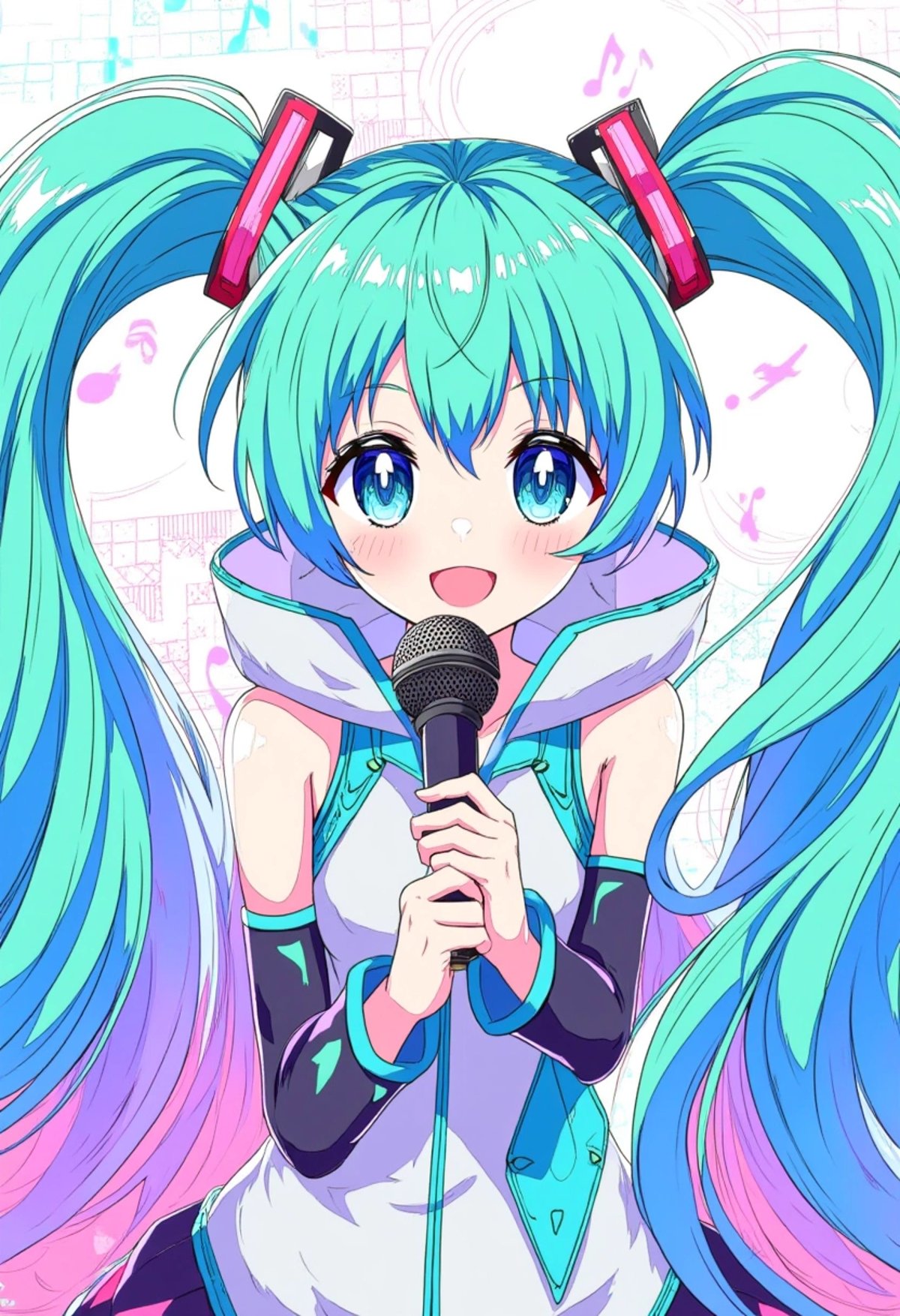 A colored digital art of Miku Hatsune with her long, flowing turquoise twin-tails and iconic futuristic outfit. She is smiling brightly, holding a microphone, with musical notes and digital patterns subtly outlined in the background, capturing her cheerful, energetic pop star persona in a vibrant and detailed style, ligne_claire.