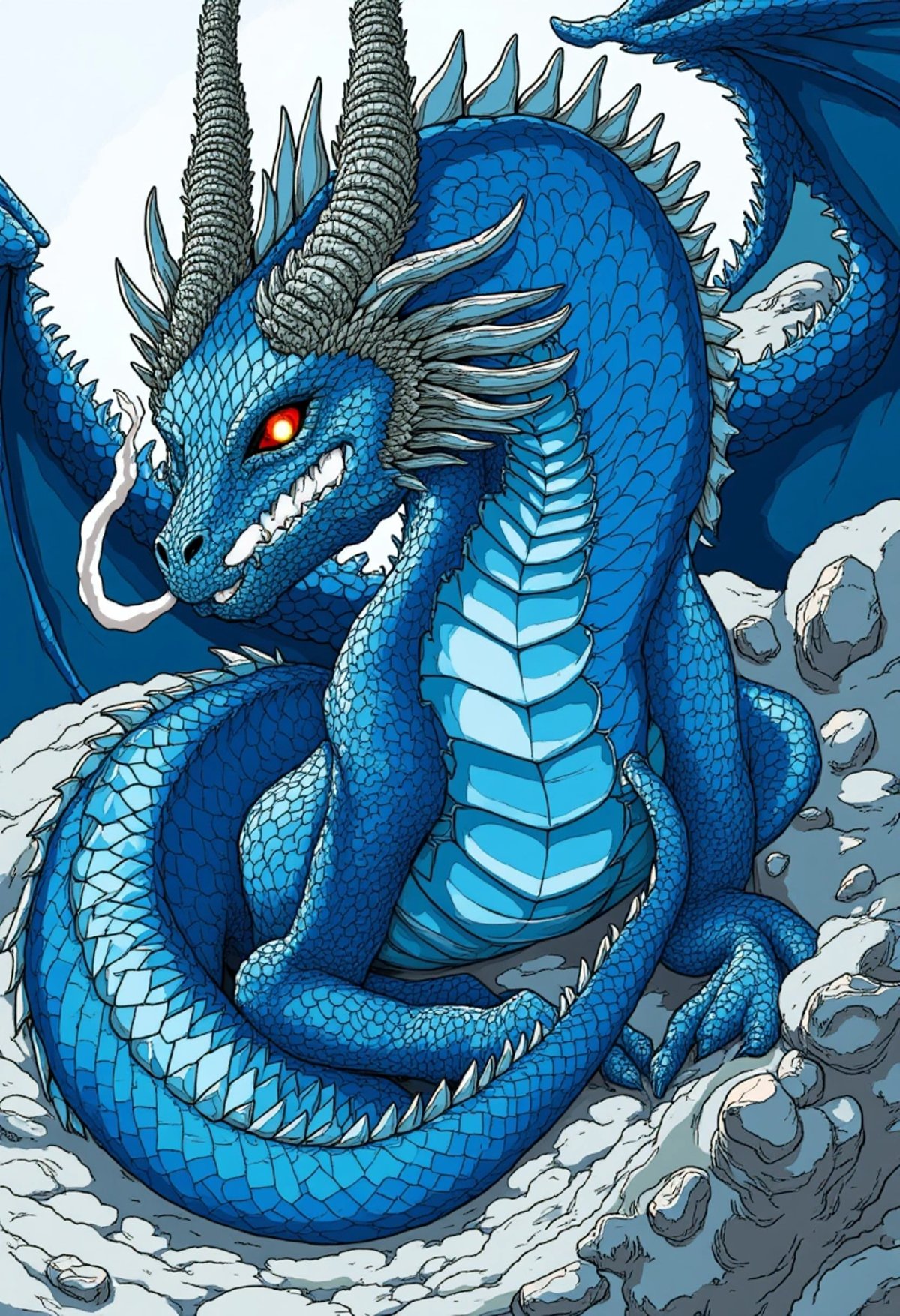 A colored illustration of a majestic dragon with shimmering blue scales, large horns, and glowing eyes. Smoke gently curls from its nostrils, and its wings are partially visible in the background, with hints of a rocky landscape that adds depth without detracting from the dragonâs imposing presence, ligne_claire.