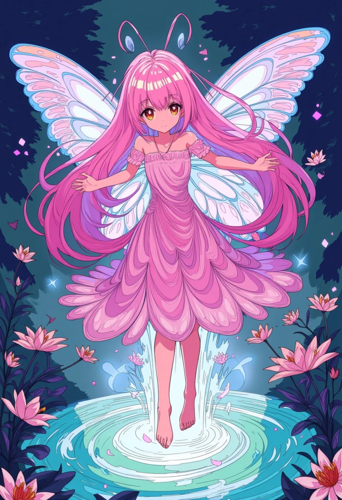 A colored digital art of a fairy-like girl with ethereal butterfly wings, cascading pink hair, and wearing a dress made of petals and glowing threads. She hovers above a shimmering pond, with sparkling lights around her and magical flowers blooming beneath, exuding a soft, magical ambiance, ligne_claire.