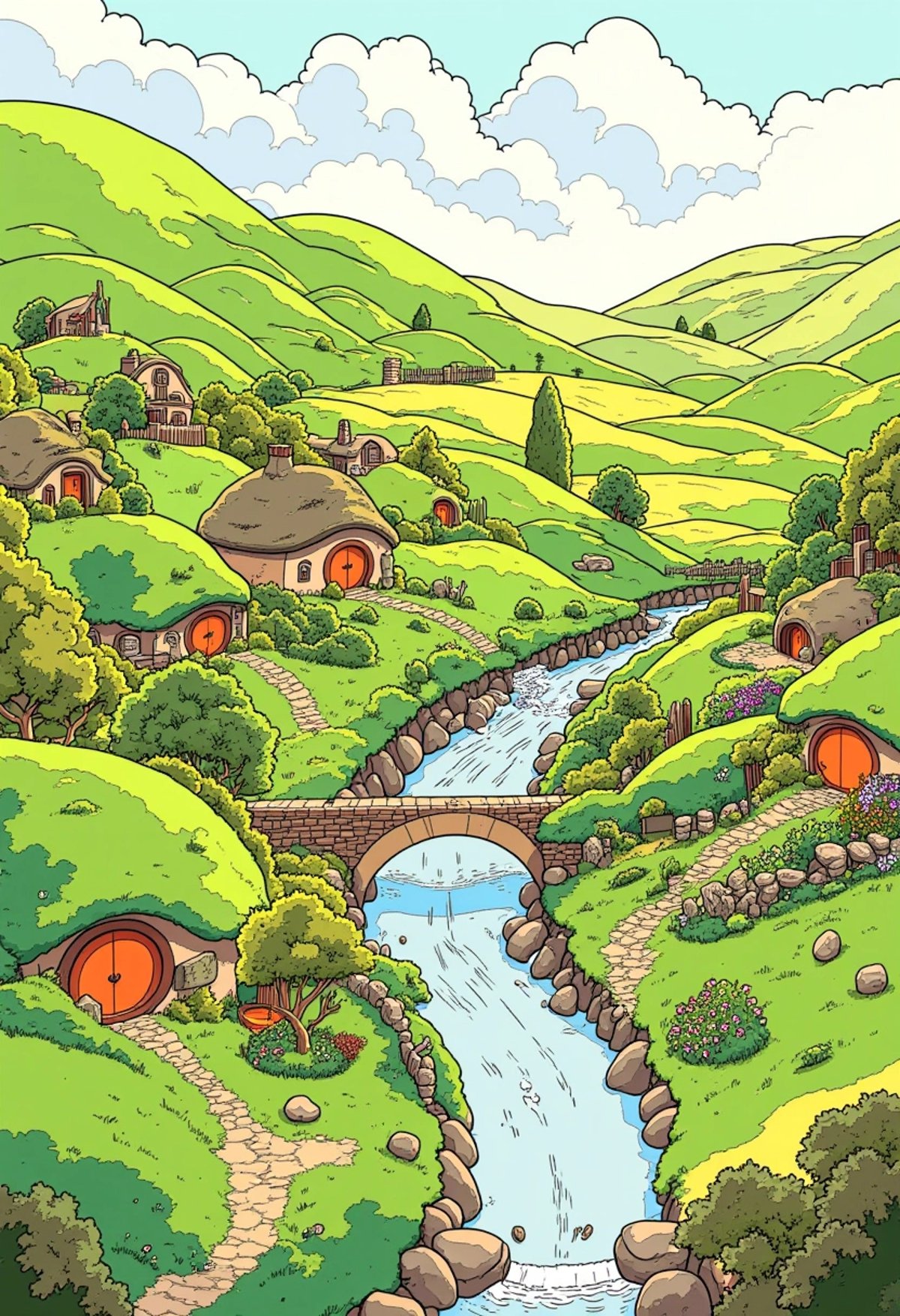 A colored illustration of the Shire with its rolling green hills, quaint hobbit holes with round doors, and lush gardens. A peaceful river flows gently, and a stone bridge arches over it, with softly sketched trees and a bright sky in the background, capturing the idyllic and serene essence of the hobbit homeland, ligne_claire.