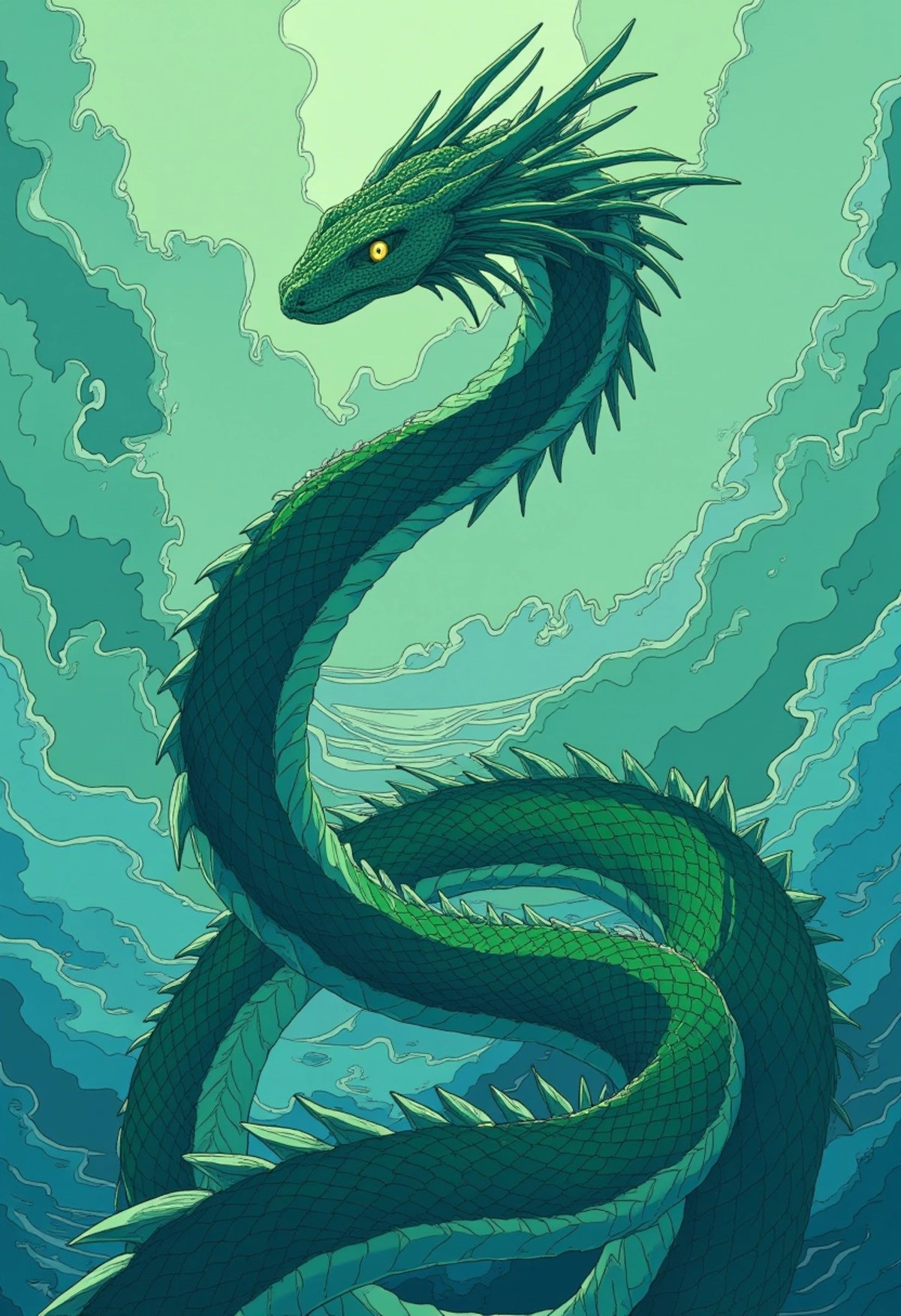 A colored digital art of a sea serpent with emerald green scales, rising from the ocean with a menacing expression. Its long, slender body twists gracefully, with faint waves and mist in the background that accentuate the serpentâs dominance, ligne_claire