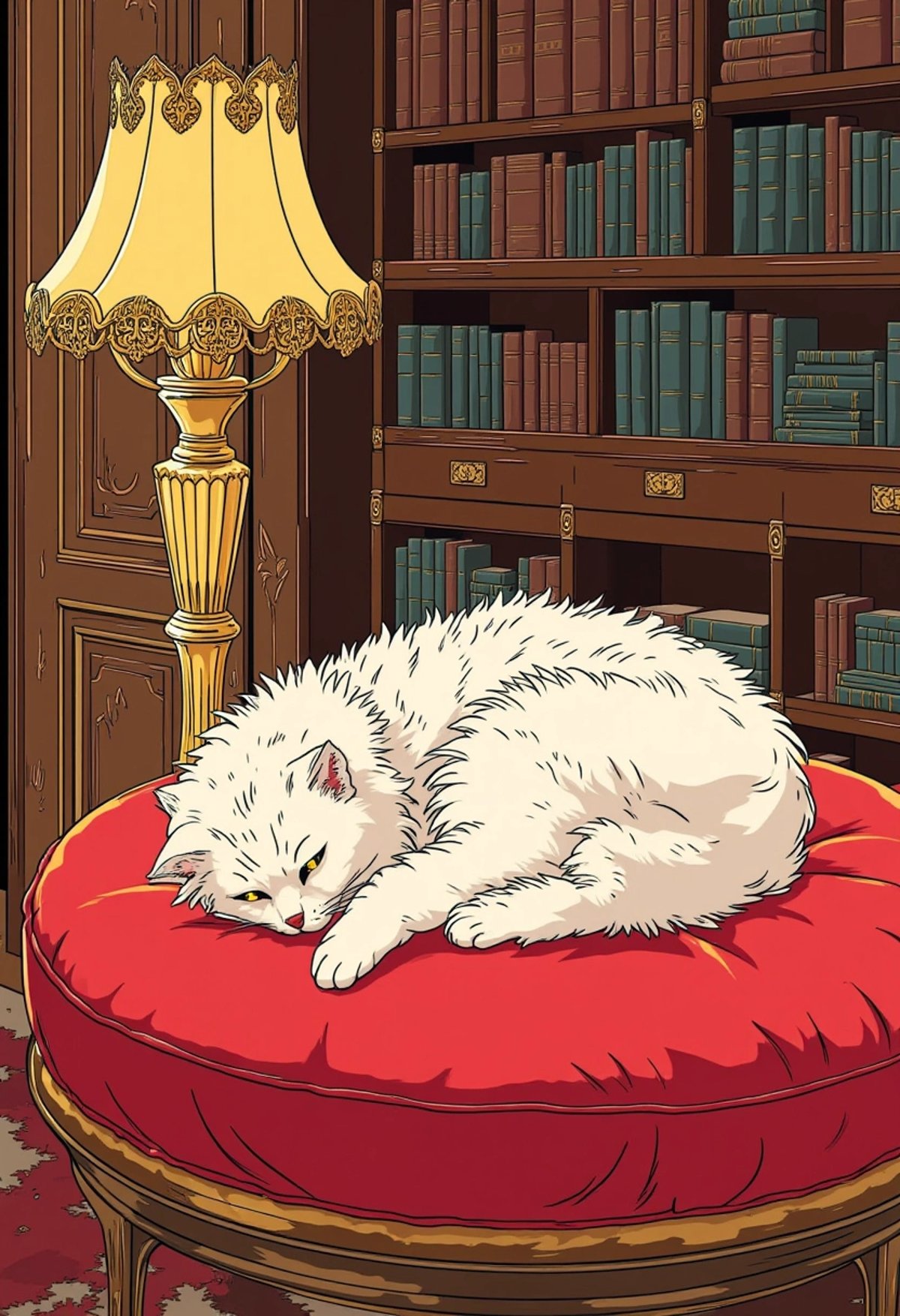 A colored illustration of a fluffy Persian cat lounging on a velvet cushion, with an ornate lamp and a bookshelf filled with old books in the background. The scene exudes a sense of elegance and comfort, with intricate details on the catâs fur and the objects around it, ligne_claire.