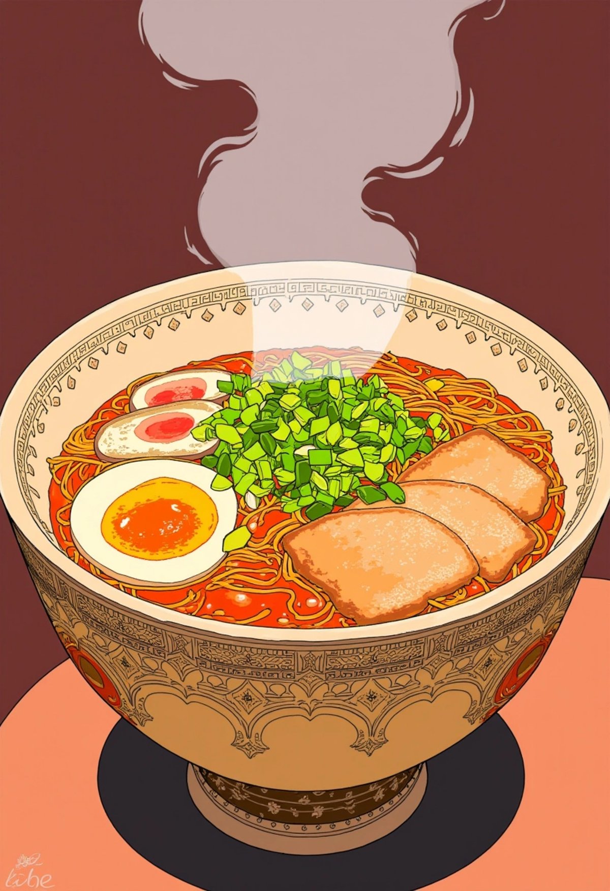 A colored digital art of a steaming bowl of ramen, complete with noodles, sliced pork, soft-boiled egg, green onions, and a swirl of narutomaki. The bowl is ornate, and the rich, savory broth is depicted in warm tones, evoking comfort and deliciousness, ligne_claire.