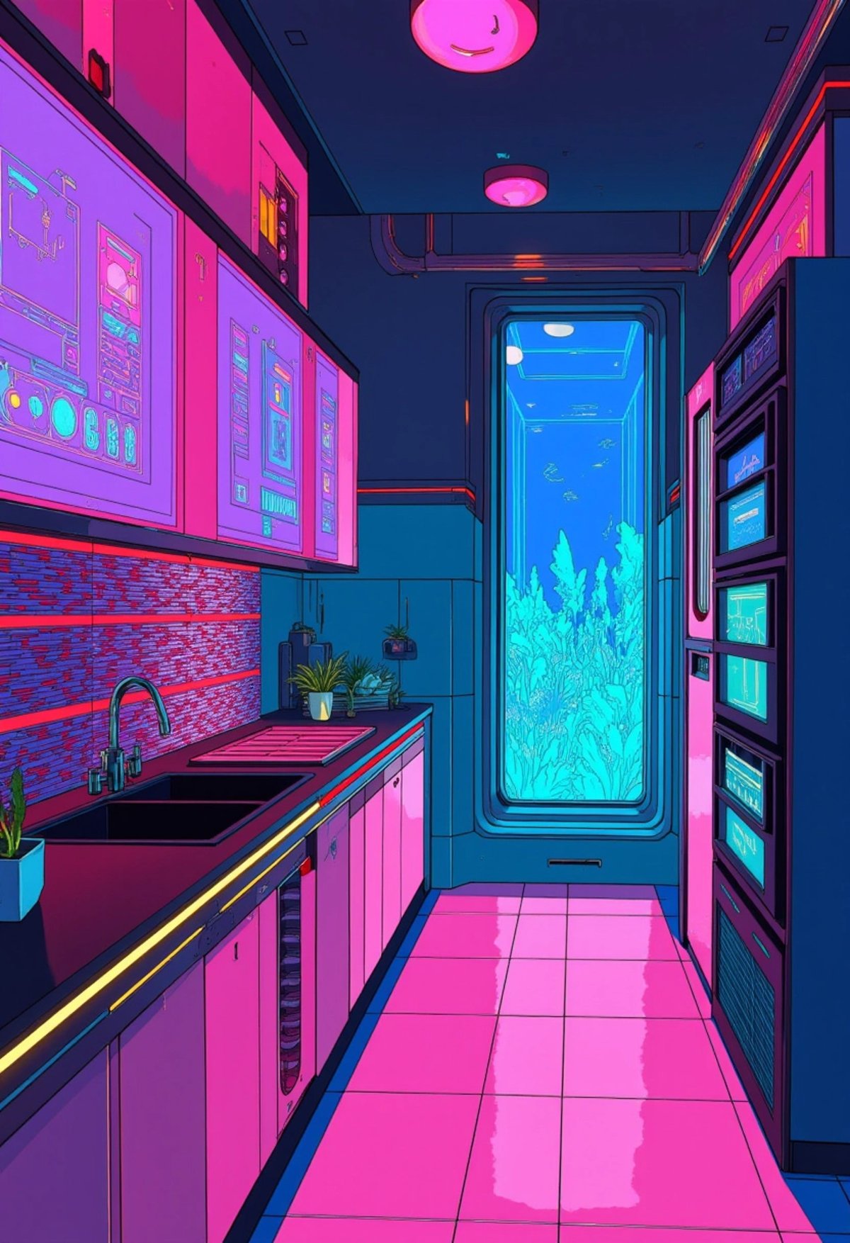 A colored illustration of a sleek, futuristic kitchen interior with advanced appliances, holographic recipe screens, and glowing cabinets. The window shows a view of a high-tech garden with bioluminescent plants, blending homely comfort with a touch of the cyber-future, ligne_claire.