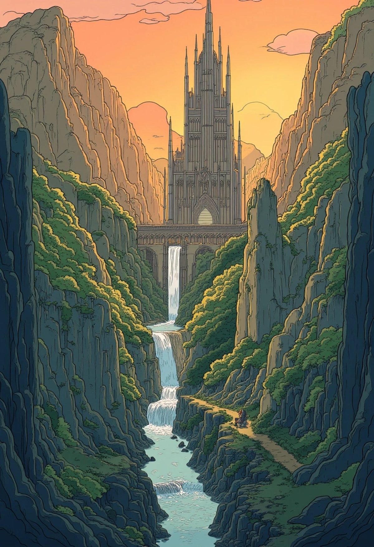 A colored digital art of Rivendell, the elven city nestled in the mountains with elegant, cascading waterfalls, intricate archways, and beautiful elven architecture. Tall, slender towers and lush greenery are highlighted against a backdrop of towering cliffs and a sunset sky, emphasizing the cityâs ethereal beauty, ligne_claire.