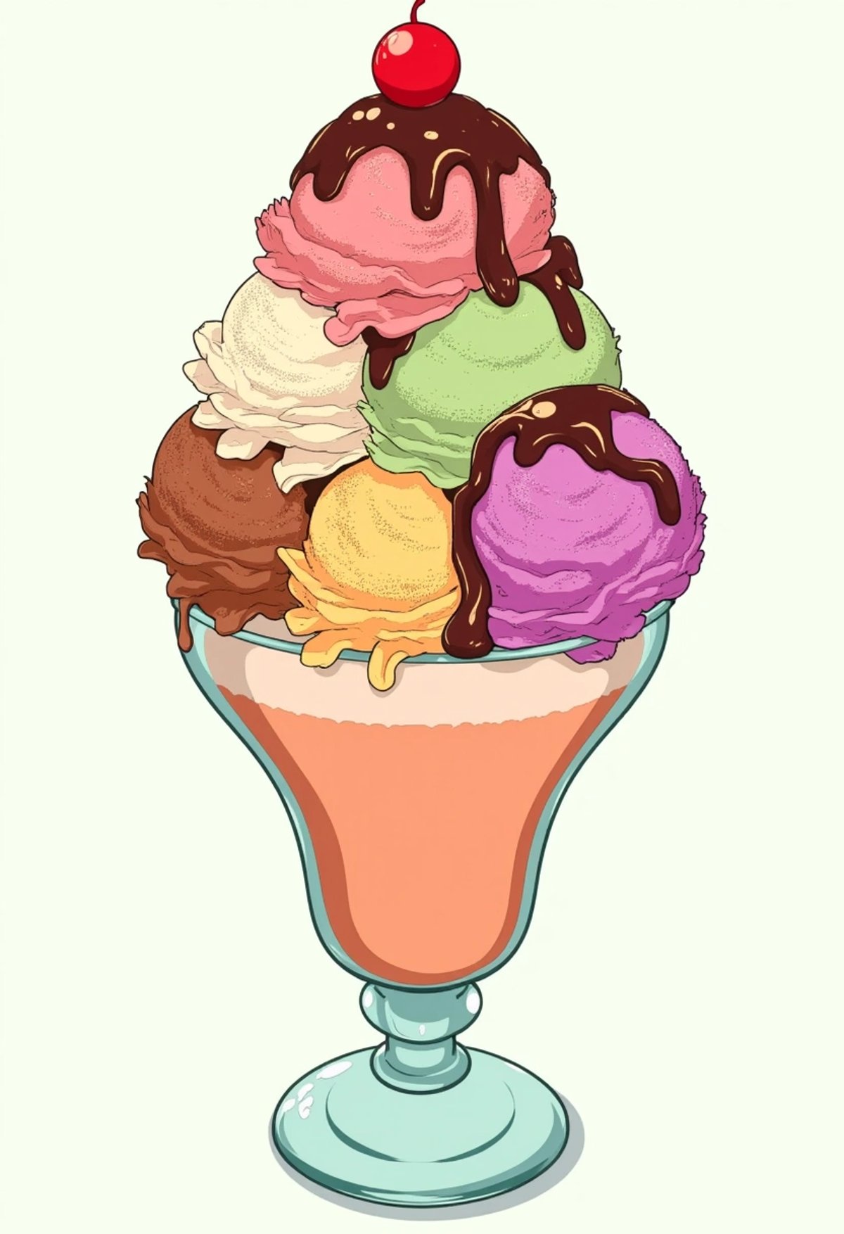 A colored digital art of a towering ice cream sundae with multiple scoops of different flavors, drizzled with chocolate syrup, whipped cream, and a cherry on top. The sundae is set in a retro glass cup, and the vibrant colors of the ice cream create a fun and playful atmosphere, ligne_claire.