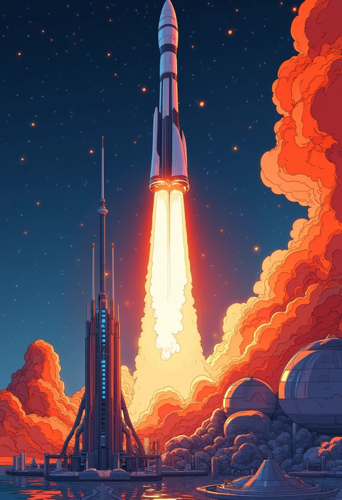 A colored digital art of a towering interstellar rocket launching from a futuristic spaceport, with billowing smoke and flames propelling it skyward. The scene includes a futuristic city skyline in the background with glowing lights and domes, showcasing a grand technological achievement, ligne_claire.