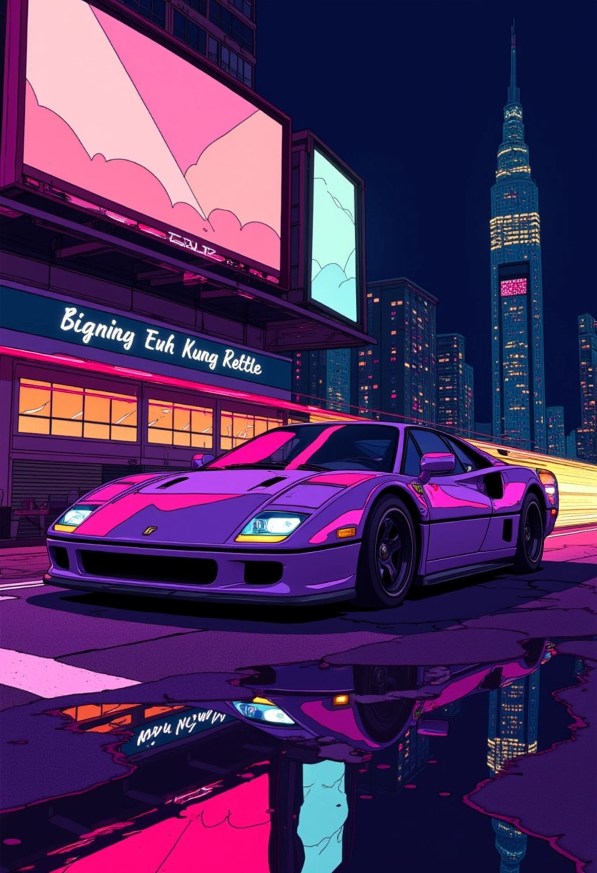 A colored digital art of a sleek sports car parked under a bright city billboard at night, with its headlights reflecting on the asphalt. The scene captures the essence of speed and luxury, with clean lines and vibrant lights giving it a bold, modern look, ligne_claire.