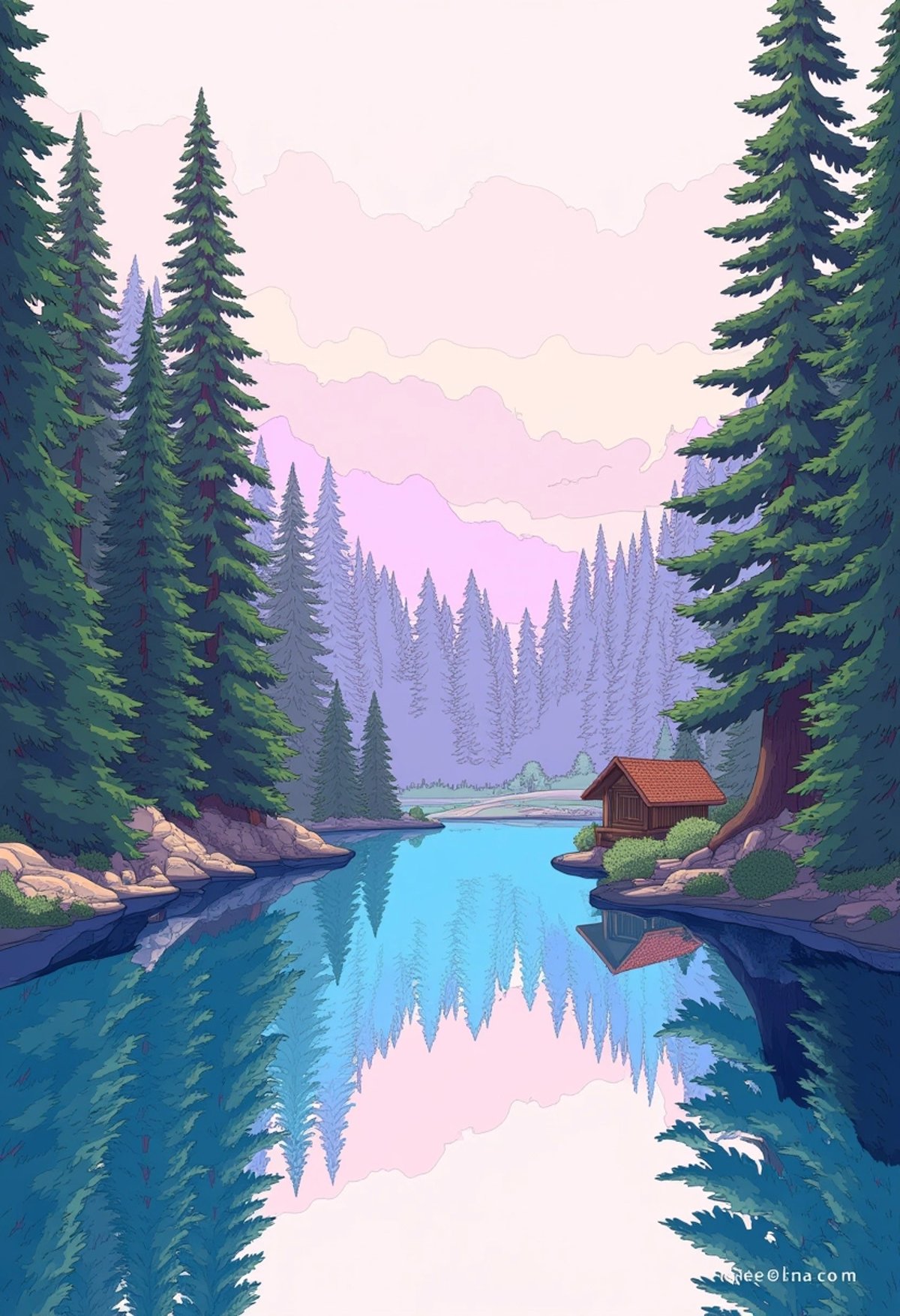 A colored digital art of a serene landscape featuring a calm lake surrounded by tall pine trees, with a small wooden cabin at the edge of the water. The sky is a blend of soft pastels, reflecting on the water's surface, creating a tranquil and inviting atmosphere, ligne_claire.