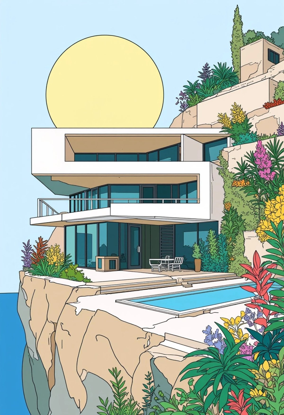 A colored digital art of a modern minimalist house with clean lines, large windows, and a cantilevered design overlooking a cliff. The structure is surrounded by a lush garden with a pool, emphasizing contemporary elegance and harmony with the environment, ligne_claire.