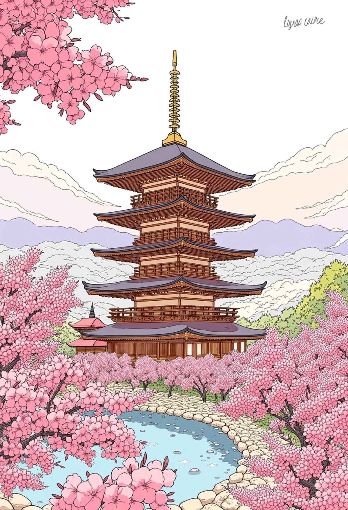 A colored illustration of a traditional Japanese pagoda surrounded by serene cherry blossom trees, with its multi-tiered roof and intricate wooden details. The backdrop features softly sketched mountains and a tranquil pond, highlighting the blend of nature and classical Japanese architecture, ligne_claire.