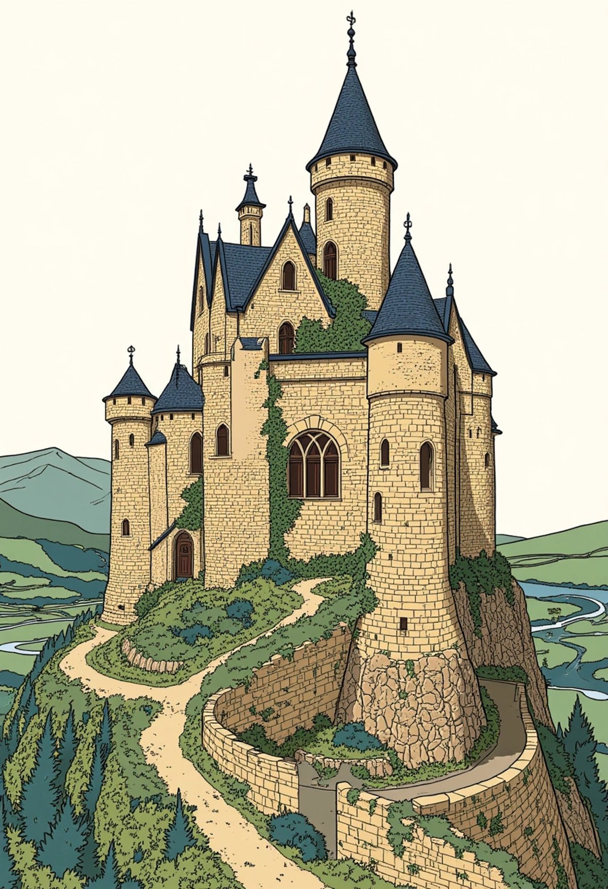 A colored illustration of a classic European castle perched on a hill, complete with stone walls, turrets, and a grand entrance with ivy creeping along the facade. The scene captures a serene, medieval ambiance, with a subtle landscape of rolling hills and a winding river in the background, ligne_claire.