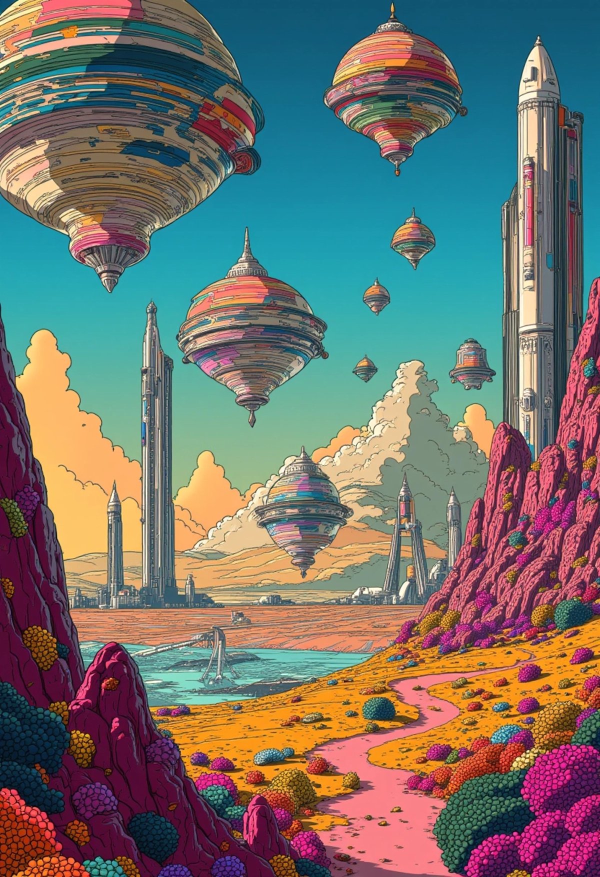 A colored digital art of a space colony with massive dome habitats, sleek spaceships flying overhead, and towering launch pads. The scene captures a vibrant, futuristic society thriving on the surface of a distant planet, complete with alien flora and a glowing skyline, ligne_claire.