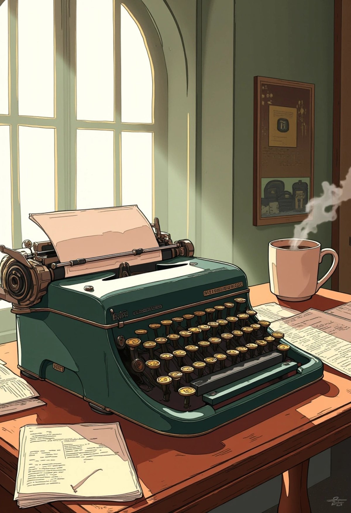 A colored digital art of a vintage typewriter on an old wooden desk, with scattered papers and a steaming cup of coffee beside it. The background has a hint of a large window with soft sunlight streaming through, adding a warm and nostalgic feel to the scene, ligne_claire.