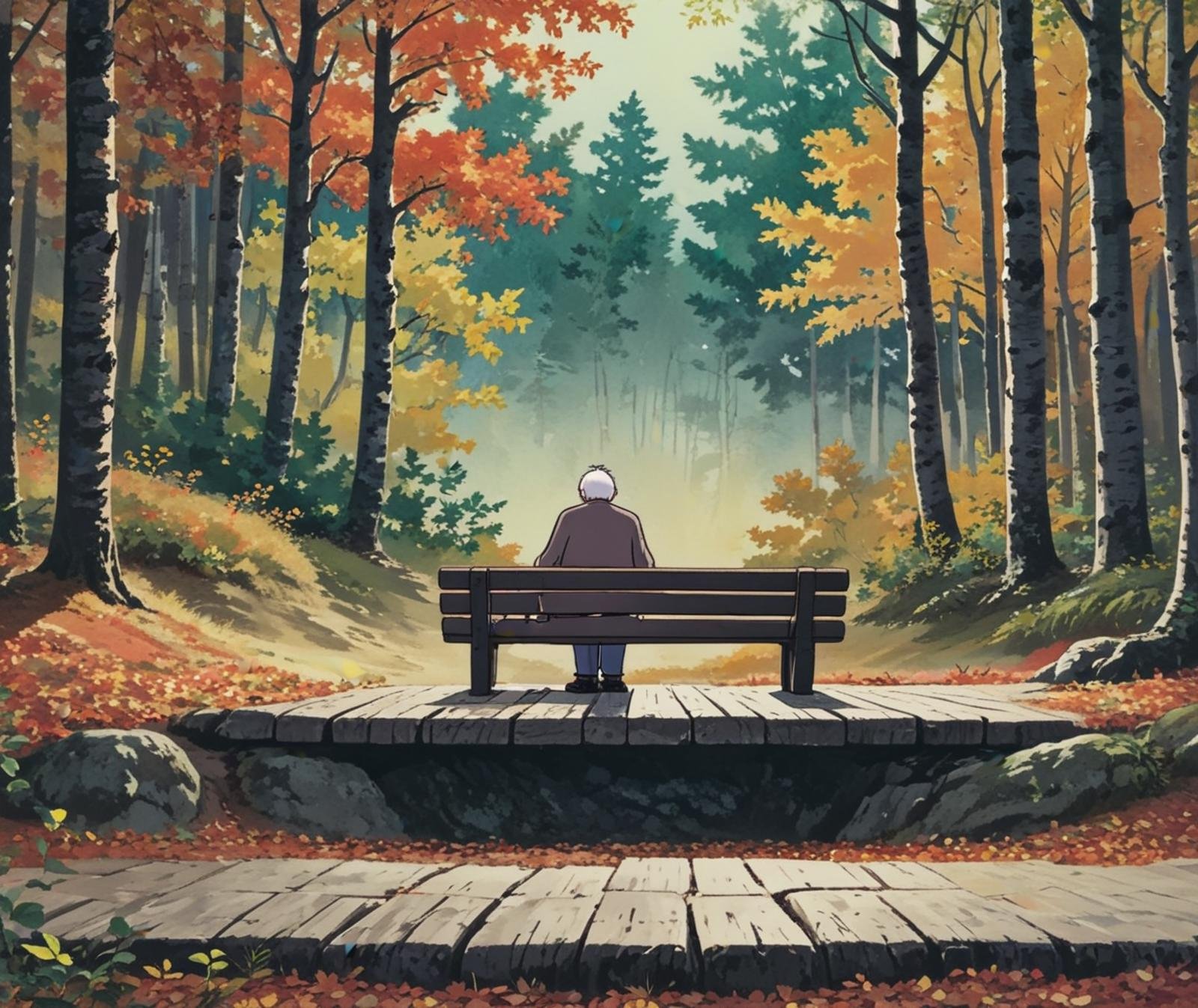 A KikiLaPetiteSorciere style illustration of an elderly man sitting alone on a wooden bench in a forest. He is facing away from the camera. The bench is surrounded by trees with orange and yellow leaves, indicating that it is autumn. The ground is covered in fallen leaves. The sun is shining through the trees, creating a warm glow. The overall mood of the image is peaceful and serene.