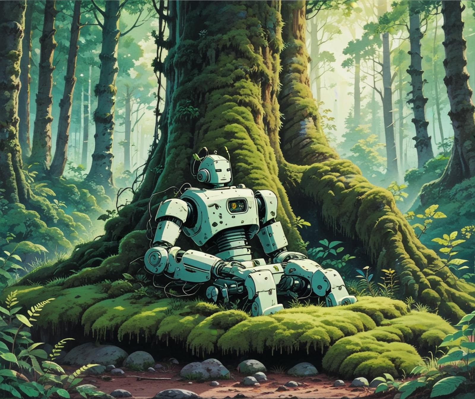 A KikiLaPetiteSorciere style illustration of an ancient abondonned humanoid robot laying against a large tree in a lush green forest. The tree has a thick trunk and is covered in moss and lichen. There are rays of sunlight shining, creating a beautiful and serene atmosphere. The grass is a vibrant green color. The overall mood of the illustration is natural and desolate.