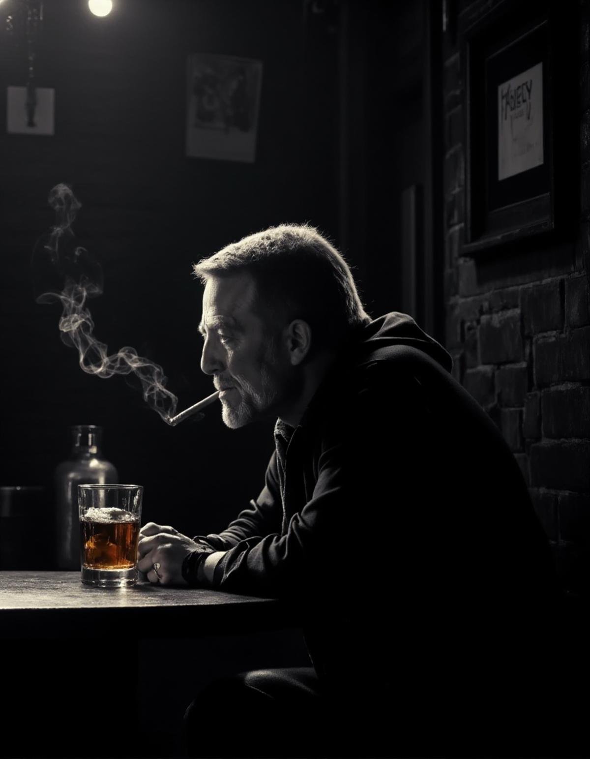 a solitary man sitting at a dark bar with a glass of whiskey in his hand and a cigarette in his mouth with smoke around. H...