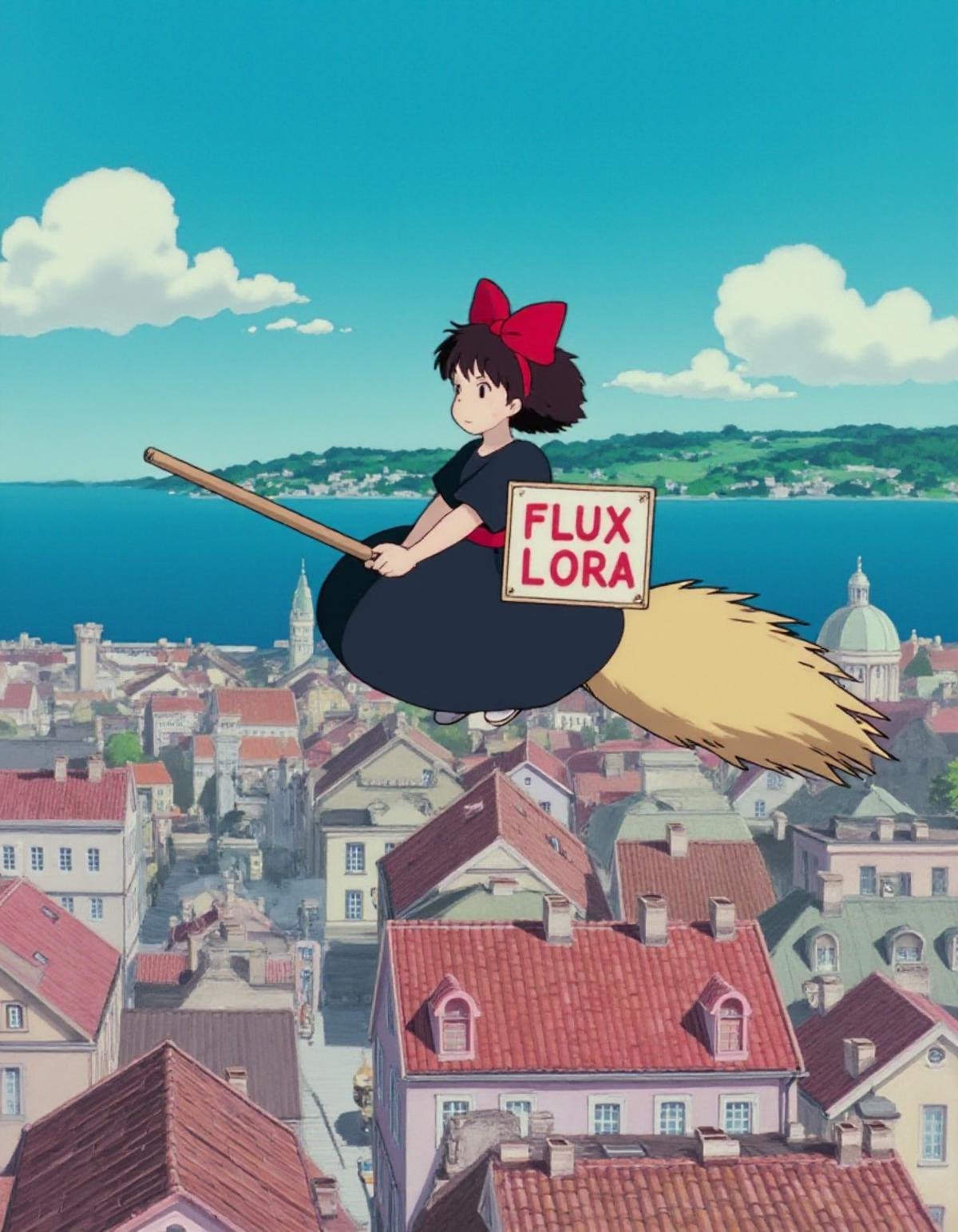 A KikiLaPetiteSorciere style image of a young witch girl flying on a broomstick over a cityscape. The girl is wearing a black dress and a red bow in her hair. She is holding onto the broomstick with both hands and appears to be in mid-air. There is a sign attached to her with the text "FLUX LORA" on it. The city below is filled with buildings and houses, and there is a body of water visible in the background. The sky is blue and there are a few clouds scattered across it. The overall mood of the image is peaceful and serene.<lora:KikiLaPetiteSorciere_style_v2_epoch_16:1>