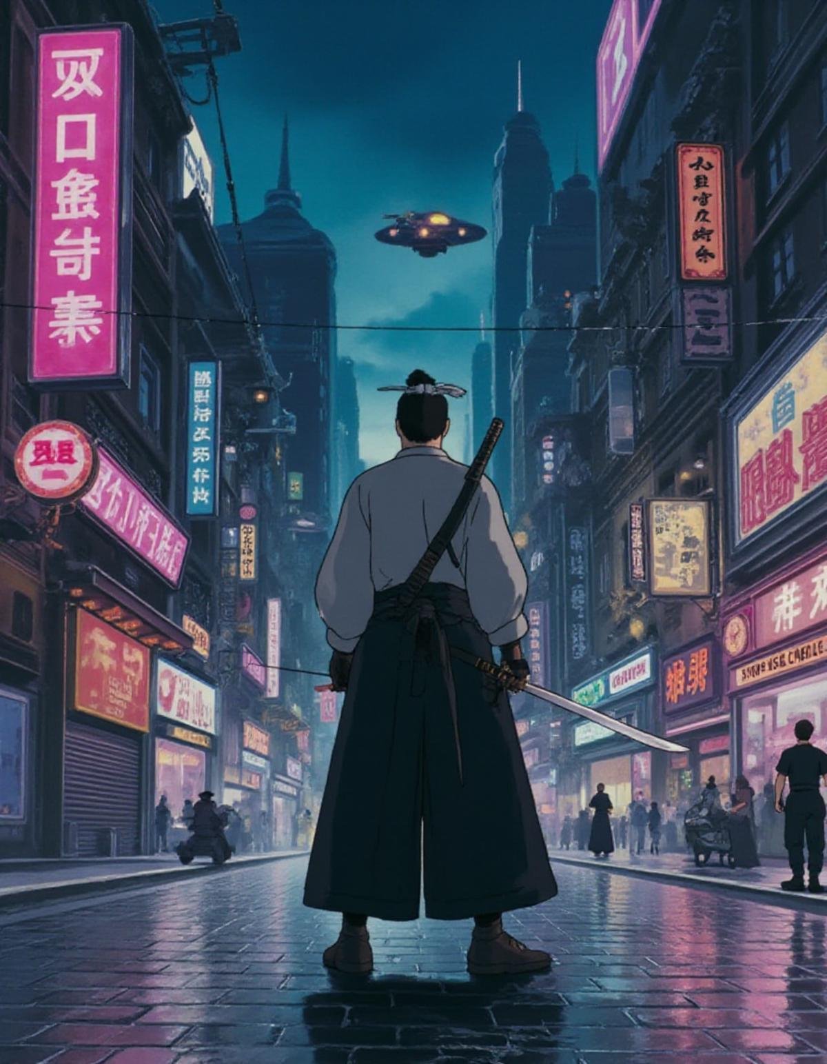 A KikiLaPetiteSorciere style image of a futuristic samurai standing in a street of a cyberpunk city by night. The samurai wears a mix of traditional clothes with modern, high-tech elements. He is holding a katana and facing away from the camera. The cityscape is a blend of ancient and futuristic architecture, with holographic advertisements and flying vehicles. The atmosphere is a cool blend of retro-futurism and cyberpunk aesthetics, with a sense of mystery and intrigue<lora:KikiLaPetiteSorciere_style_v2_epoch_16:1>