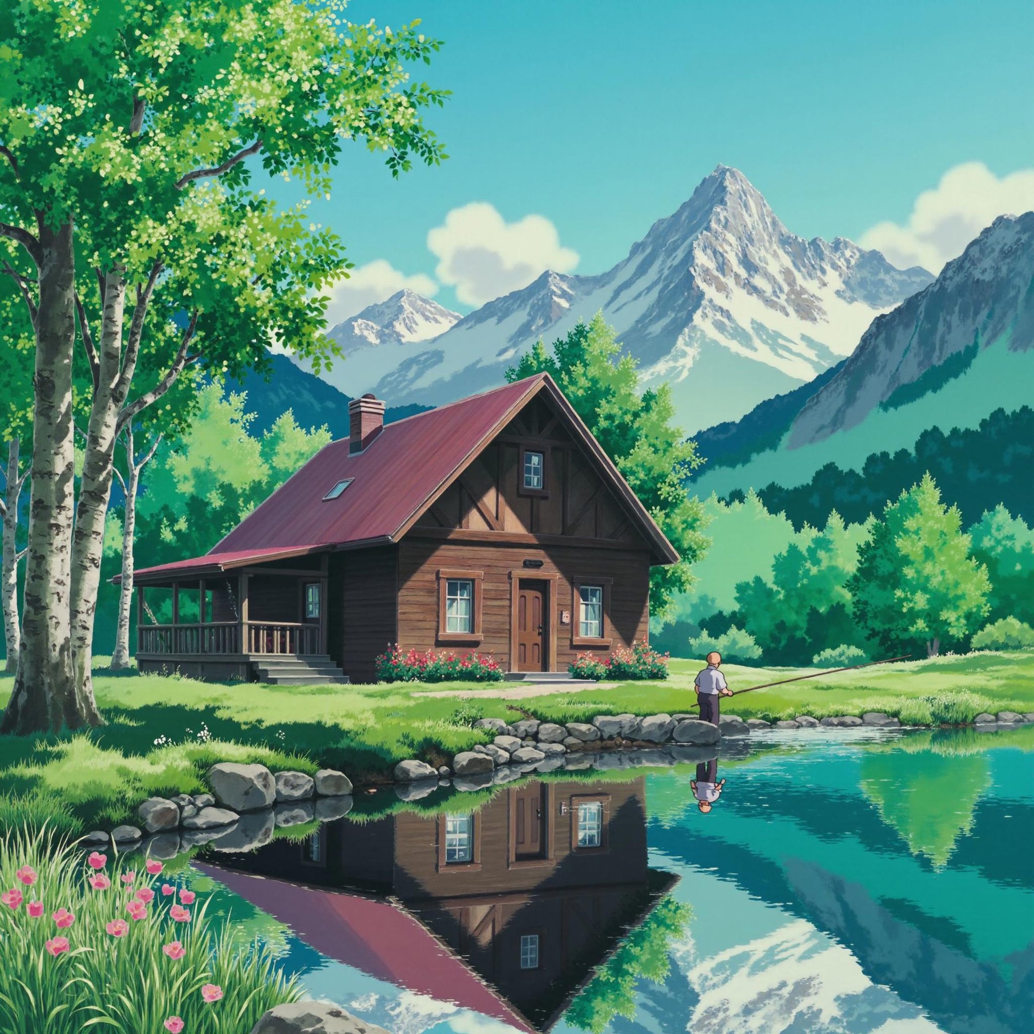 A KikiLaPetiteSorciere style image of a cozy cabin in a forest, with mountains in the background and a lake in the foreground. An old man is fishing in the lake next to the cabin. The day is sunny and the sky is blue. The overall mood of the scene is peaceful and serene. <lora:KikiLaPetiteSorciere_style_v2_epoch_16:1>