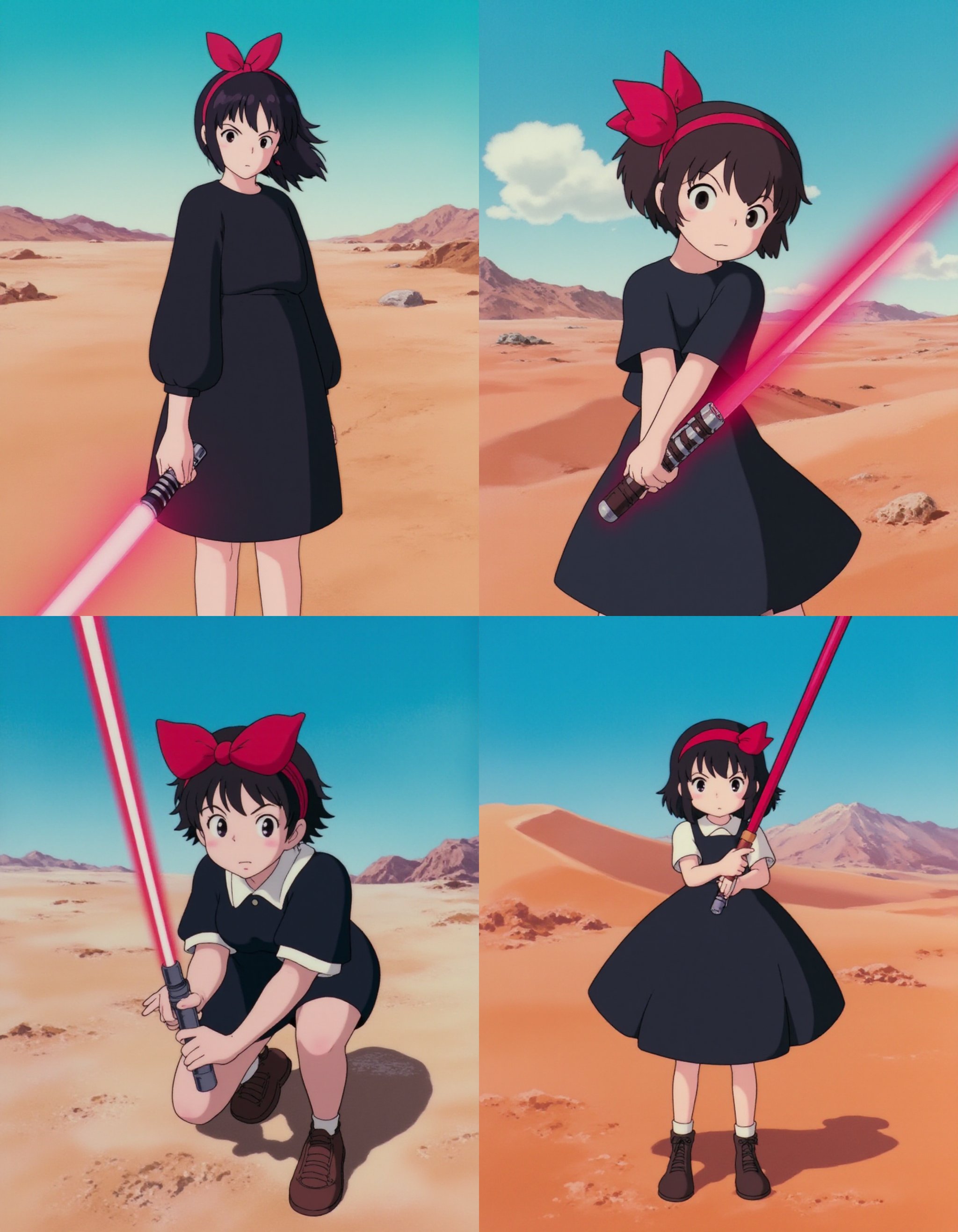 A KikiLaPetiteSorciere style image of a girl holding a red lightsaber on a hot desertic planet. She is wearing a black dress and a red ribbon on her head. She is looking at the camera with a serious look. The day is sunny and the sky is blue <lora:KikiLaPetiteSorciere_style_v2_epoch_16:1>