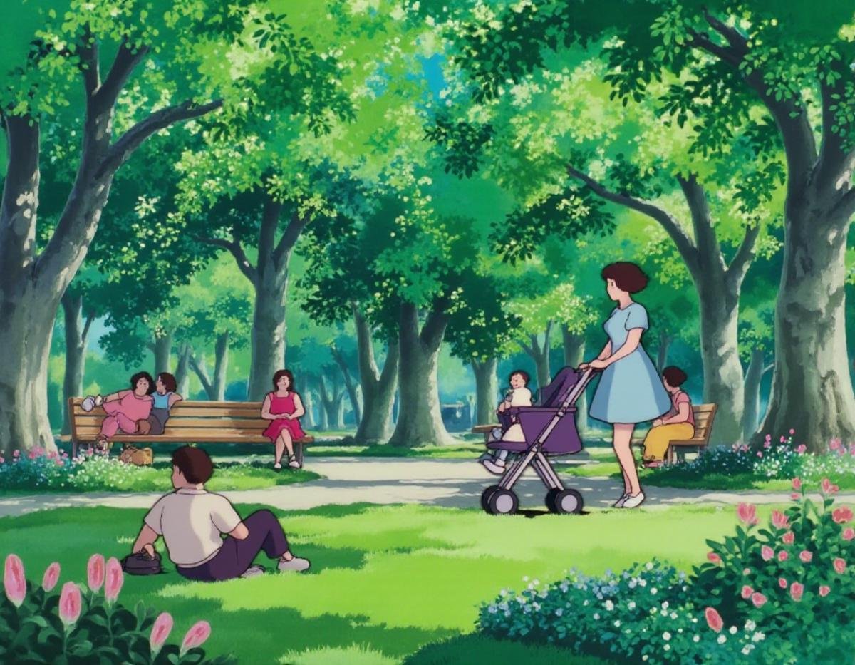 A KikiLaPetiteSorciere style image of a cozy park scene with a group of people walking and sitting on benches. The park is filled with lush greenery, including trees, bushes, and flowers. In the center of the park, there is a woman pushing a stroller with a baby in it. She is wearing a blue dress. On the ground, there are several people sitting on the grass. The overall mood of the scene is peaceful and serene. <lora:KikiLaPetiteSorciere_style_v2_epoch_16:1>