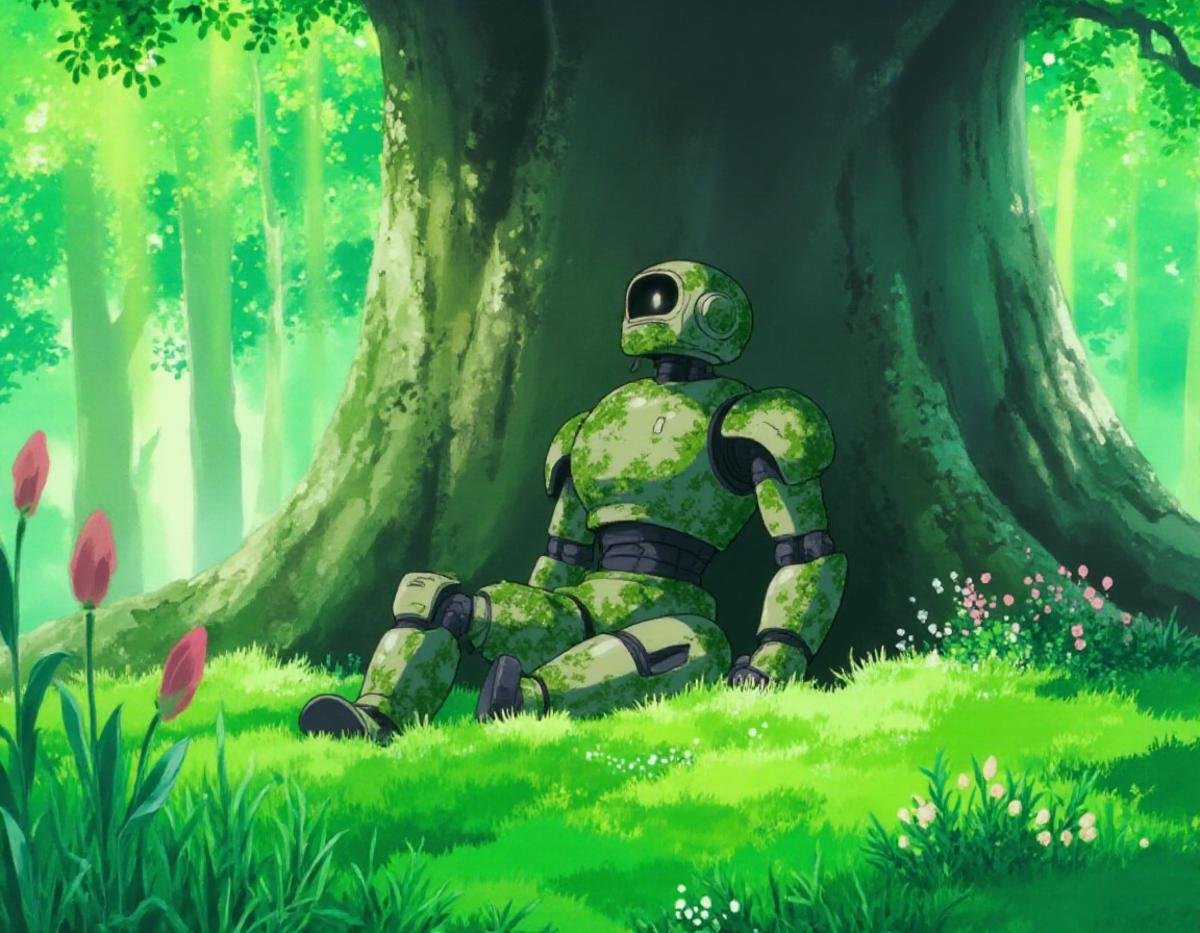 A KikiLaPetiteSorciere style illustration of an abandonned robot sitting against a giant tree in a lush green forest. The robot looks deactivated and is covered with moss and flowers. The tree has a thick trunk and is covered in moss and lichen. There are rays of sunlight shining, creating a beautiful and serene atmosphere. The grass is a vibrant green color. The overall mood of the illustration is natural and desolate. <lora:KikiLaPetiteSorciere_style_v2_epoch_16:1>