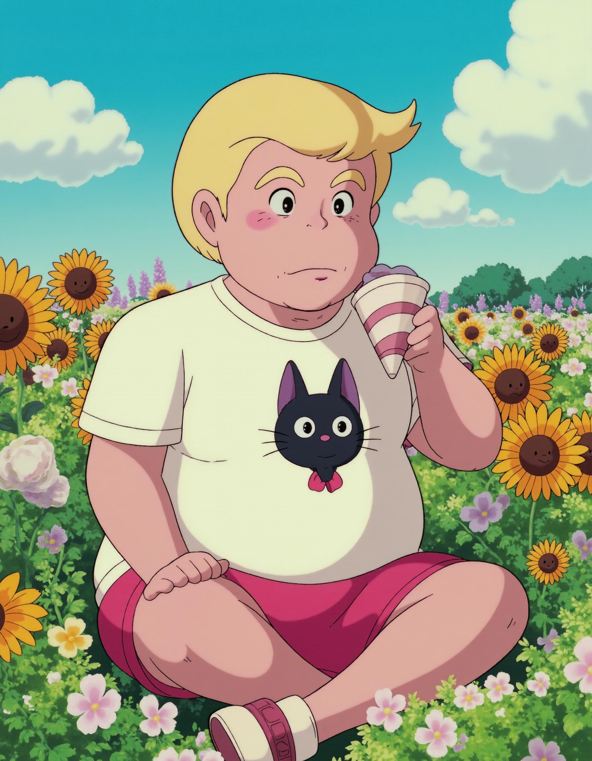 A KikiLaPetiteSorciere style image of Donald Trump man sitting in a field of flower. He is eating an ice cream while looking sad. He is wearing a pink short and a white tshirt with a cute black cat logo on it. The day is sunny and the sky is blue.  <lora:KikiLaPetiteSorciere_style_v2_epoch_16:1>