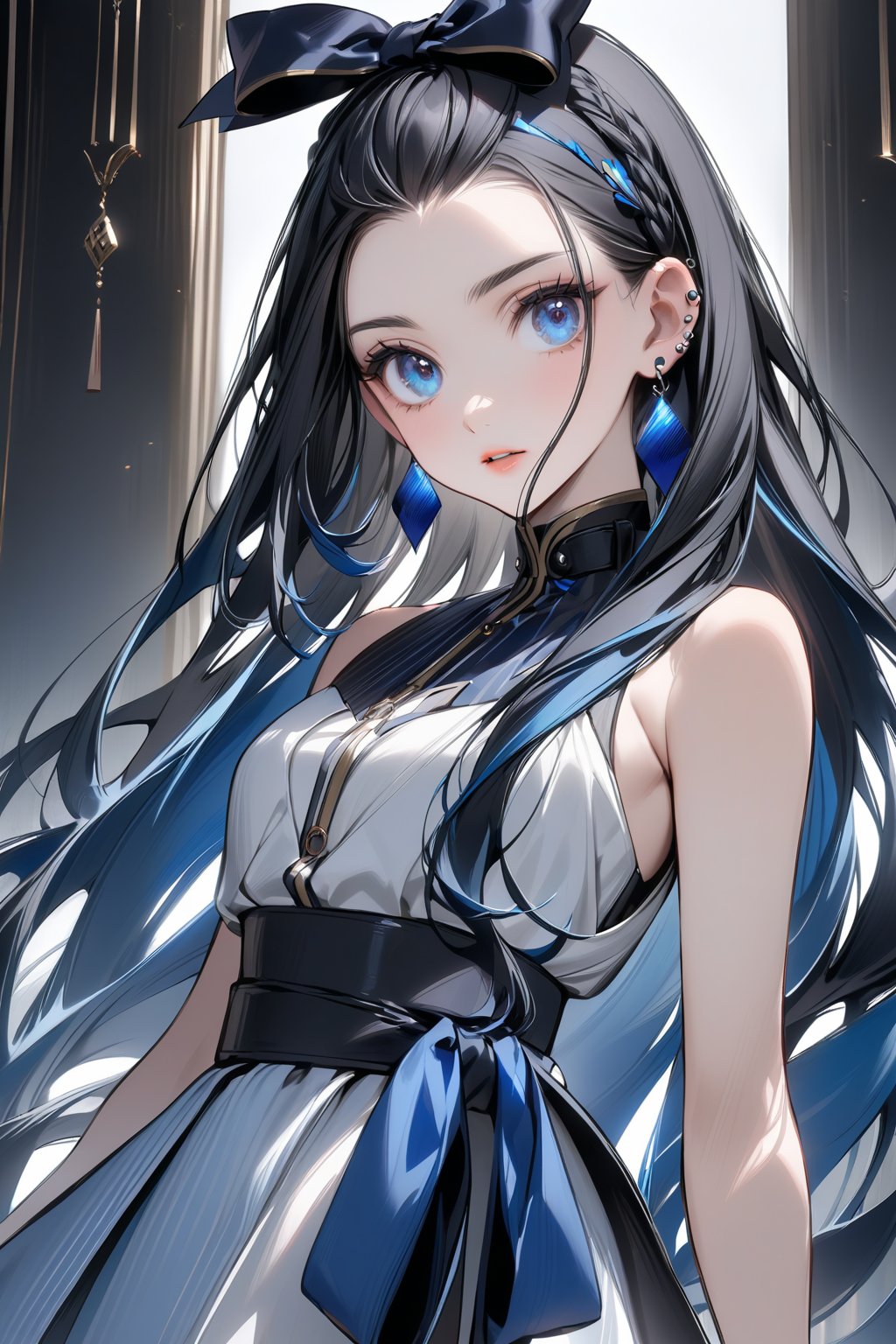 An animated animated girl with long black hair and blue eyes. She is wearing a white dress with a black belt around her waist. She has a bow on her head and earrings in her ears. Her hair is pulled back and cascades over her shoulders. Her eyes are a piercing blue color. Her eyebrows are a darker shade of blue. Her lips are a lighter shade of pink.