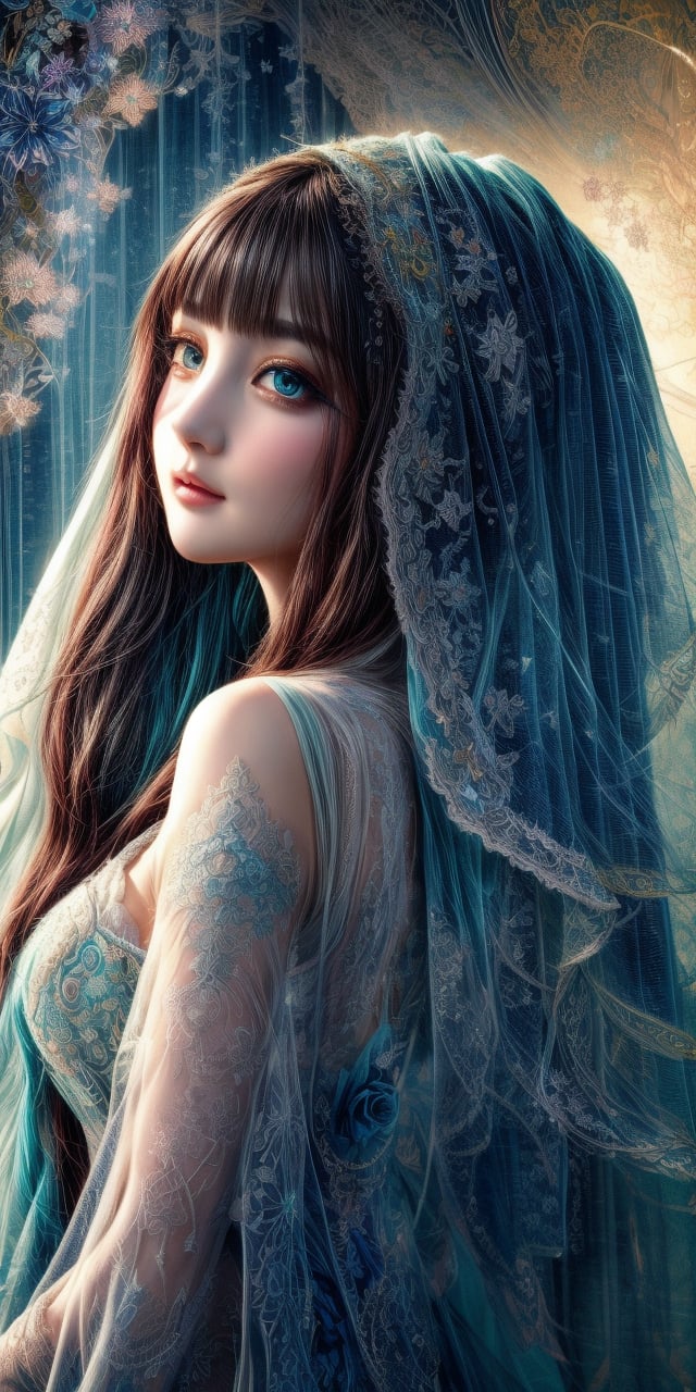 A captivating mixed media masterpiece showcasing ((a mysterious veiled girl)), ab a beautiful girl with serious face, medium shot, The delicate lace pattern on her veil blends seamlessly with the intricate white ink lines and vibrant watercolor dark of blues, aqua greens, yellows, and reds. The skilled artist's fusion of media creates a dreamy, ethereal atmosphere, with fluid elements harmoniously intertwined. The artwork's beauty and imagination transport viewers to an enchanting realm, highlighting the artist's remarkable talent and creativity, extreme detailed image, abstract, fractal art, highest detailed background,
