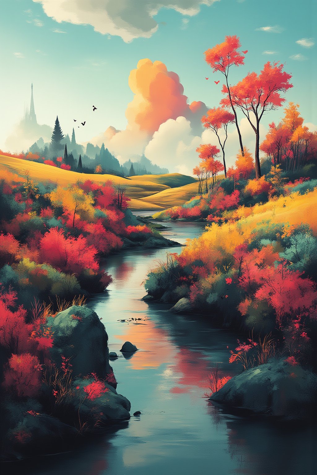 vibrant painting, landscape, simple background