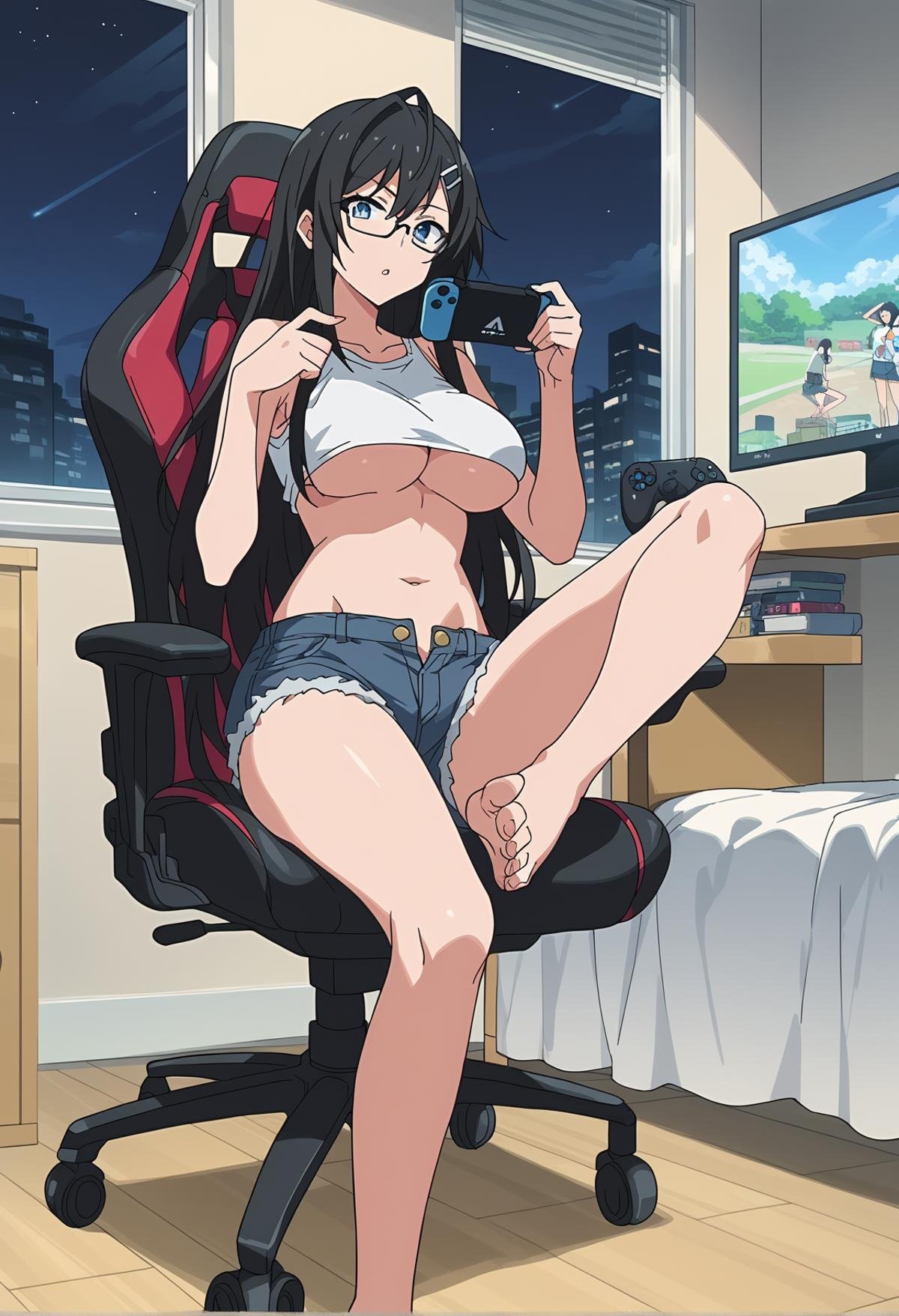 score_9, score_8_up, score_7_up, source_anime, anime screencap, BREAK<lora:shiYukinoS1:0.9>, 1girl, solo, shiyukino, long hair, black hair, blue eyes, hair ornament, hairclip,large breasts, underboob, denim shorts, sitting, semi-rimless eyewear, playing games, gaming chair, indoors, bed, night, feet, toes, navel, looking at viewer, parted lips, 