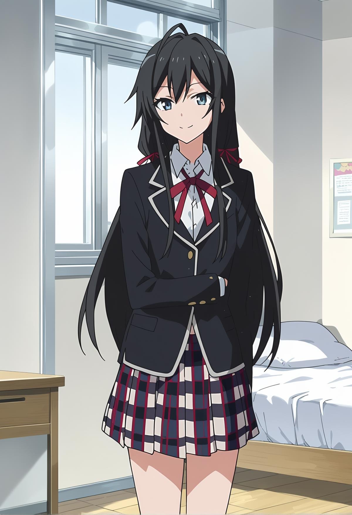 score_9, score_8_up, score_7_up, source_anime, anime screencap, anime coloring, BREAK1girl, solo, <lora:shiYukinoS1:1>, shiyukino, long hair, black hair, blue eyes, ribbon, school uniform, hair ribbon, black jacket, plaid skirt, blazer, sobu high school uniform, indoors, bed, mirror, looking at viewer, smile, 